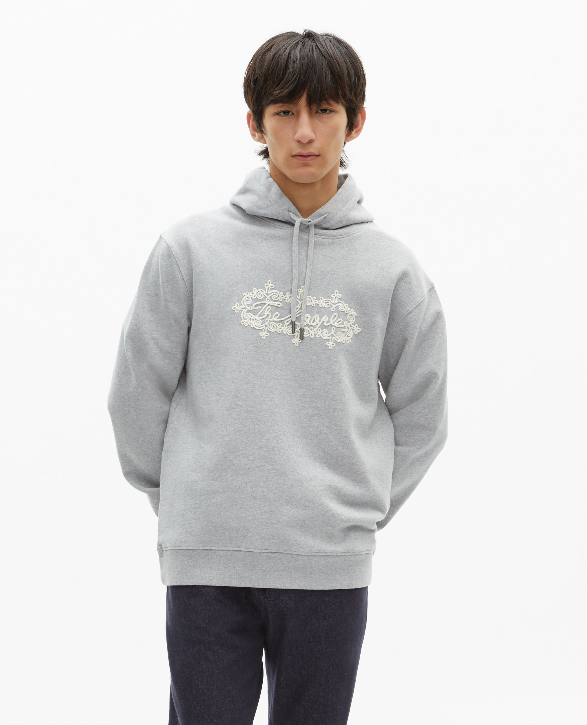 Sweatshirt à capuche avec broderie logo gris, LIGHT GREY MELANGE, hi-res image number null
