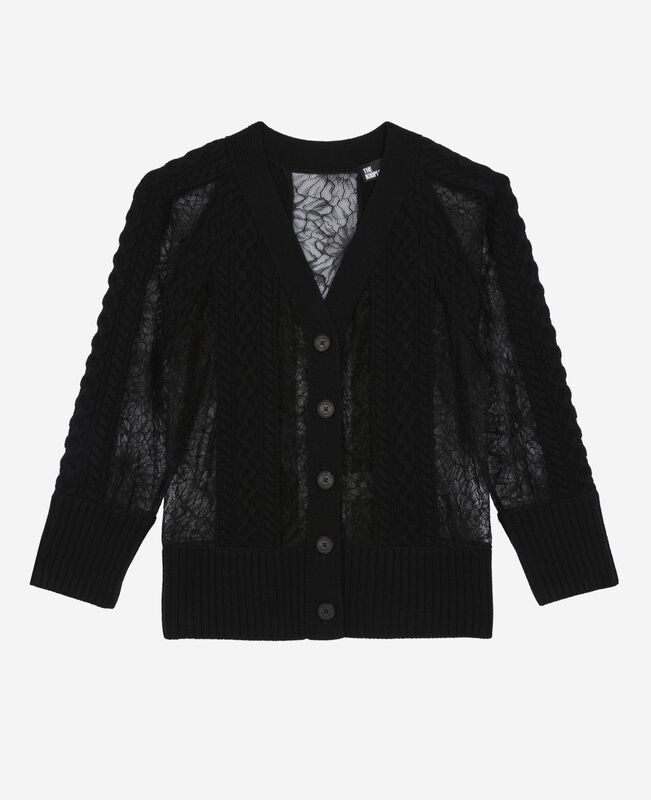 The Kooples FEMME BLACK cardigan en laine et dentelle noir