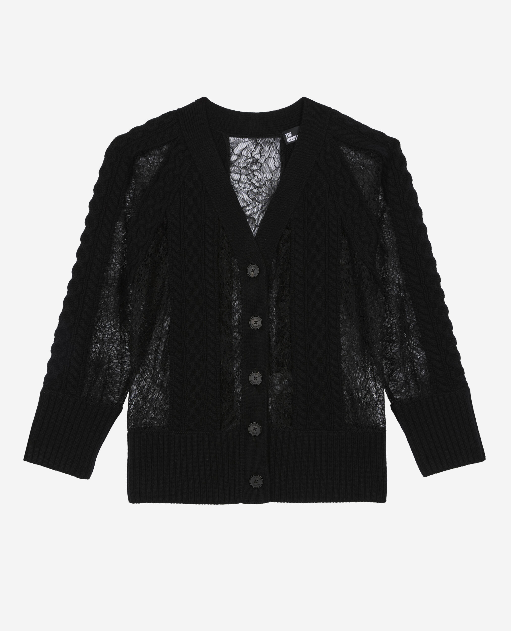 Cardigan en laine et dentelle noir, BLACK, hi-res image number null