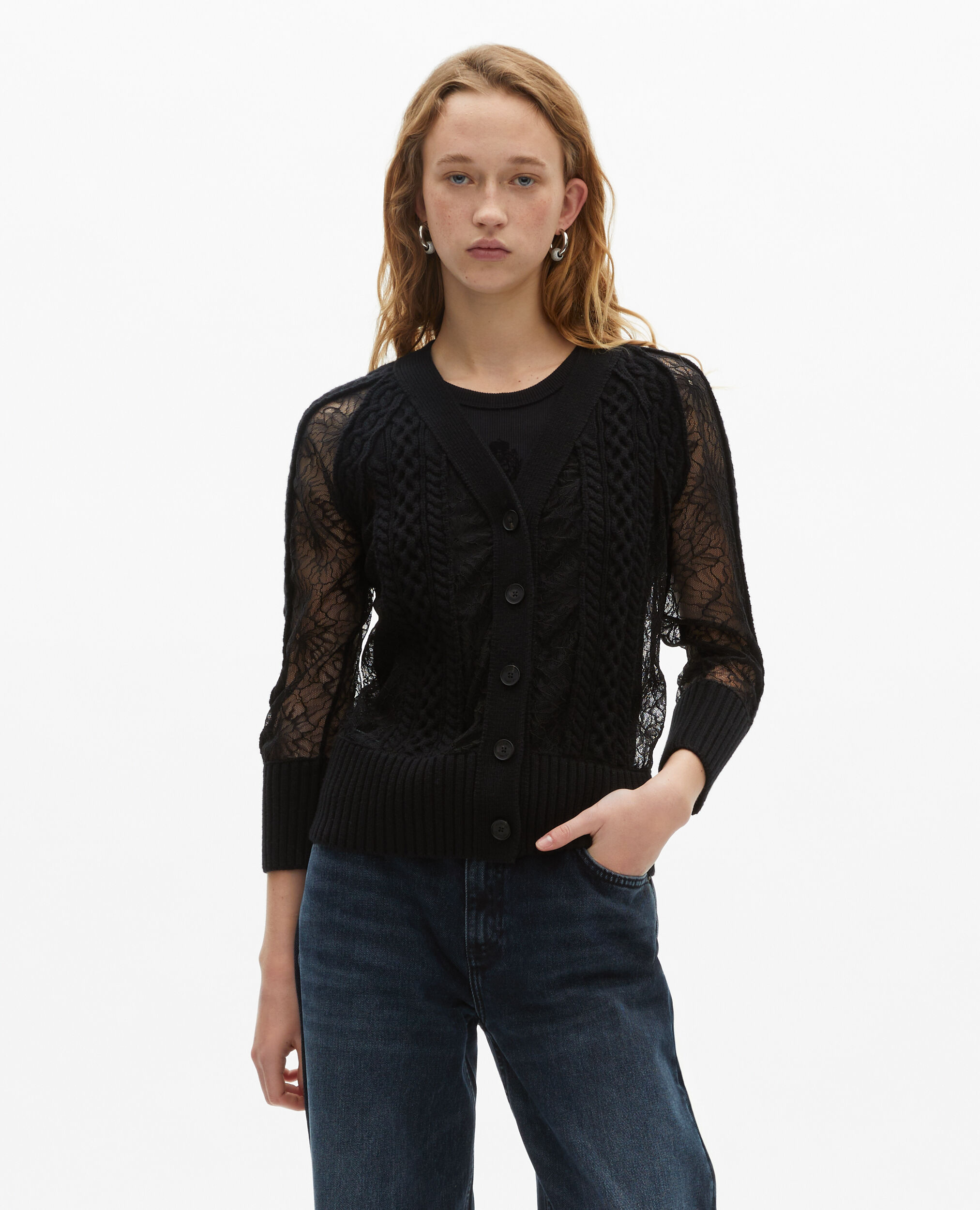 Cardigan en laine et dentelle noir, BLACK, hi-res image number null