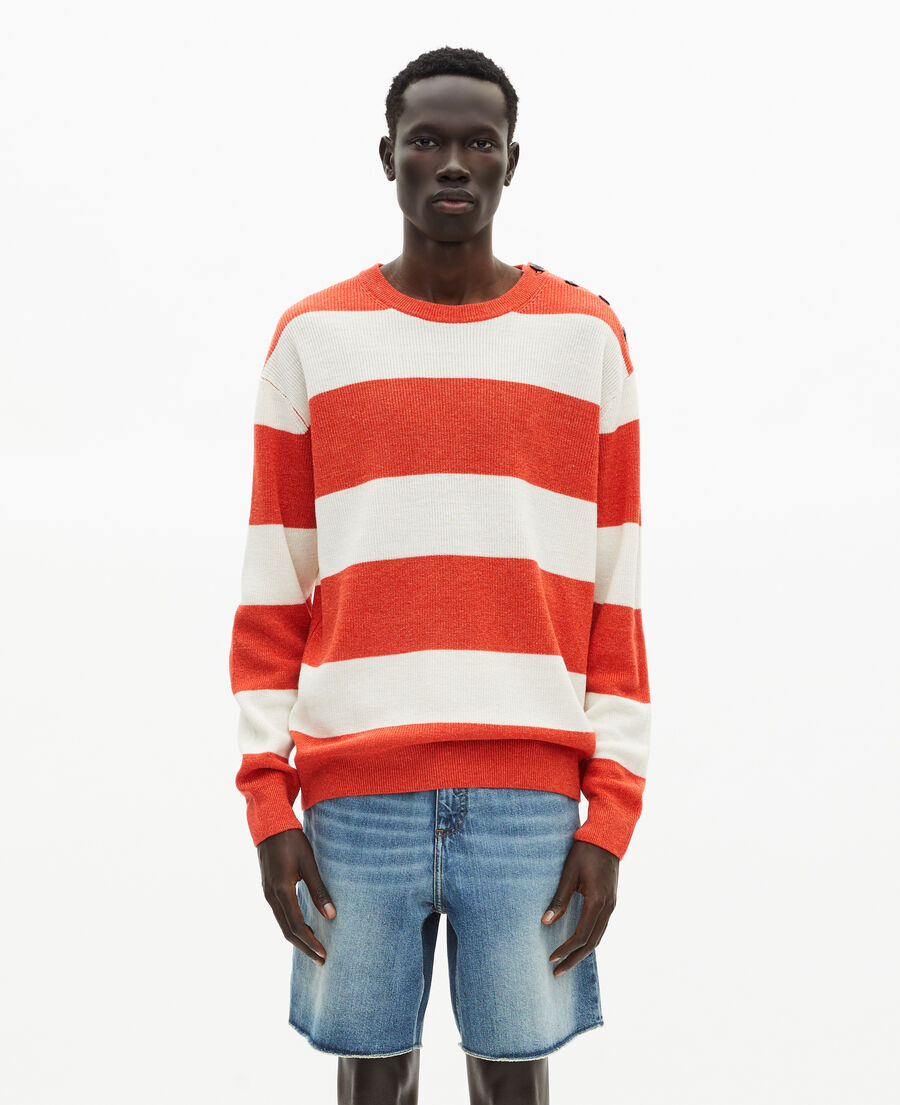 The Kooples HOMME ORANGE ECRU pull en laine et lin à rayures orange