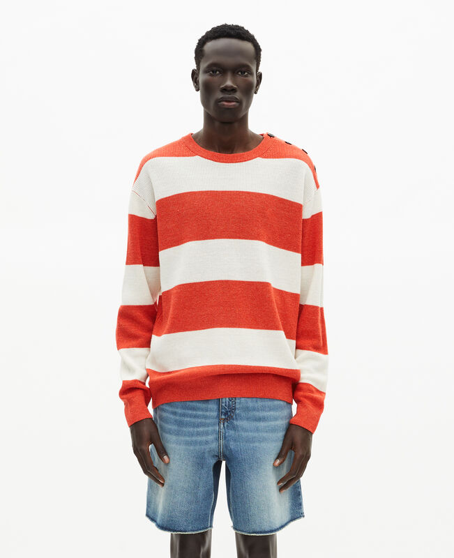 The Kooples HOMME ORANGE ECRU pull en laine et lin à rayures orange