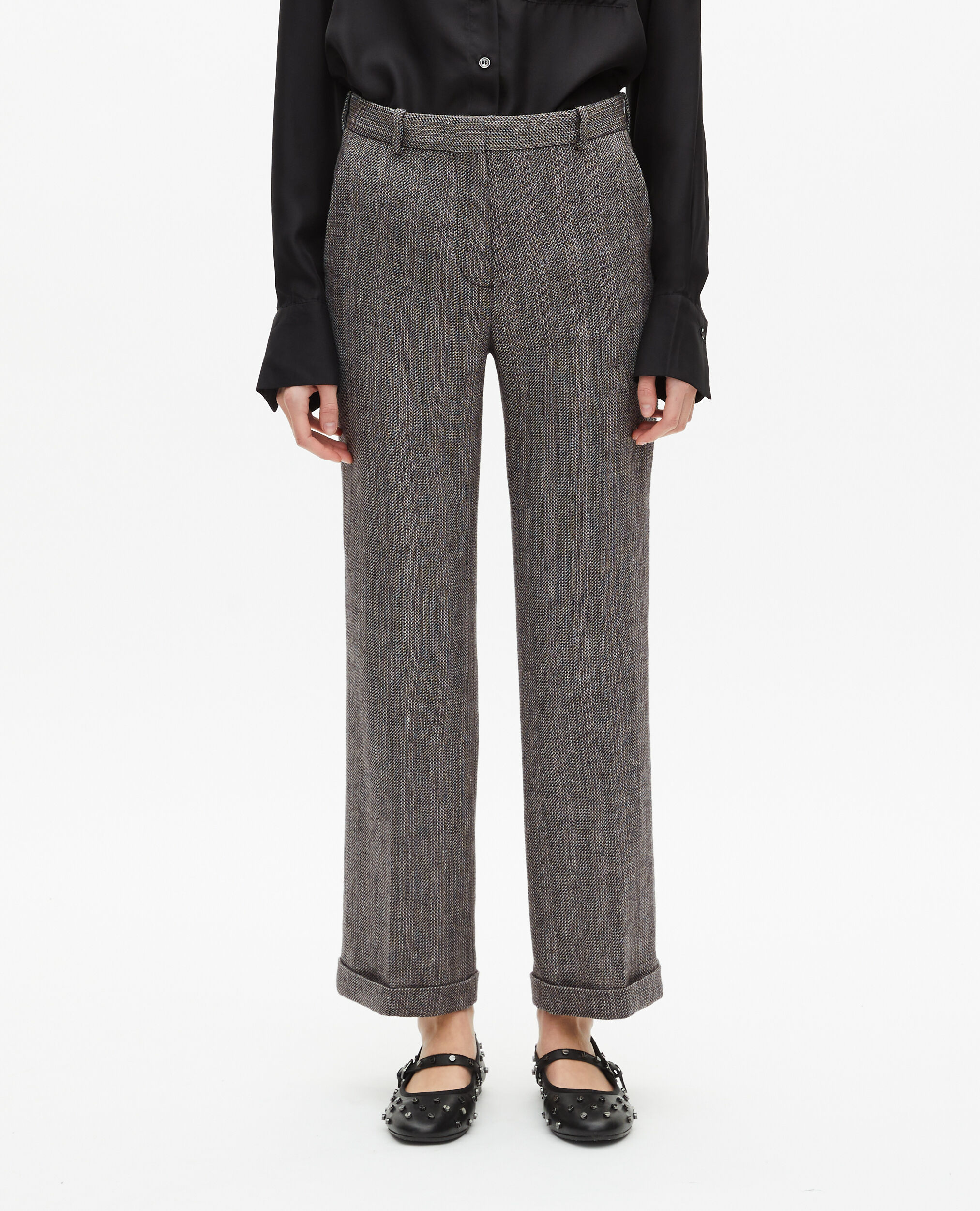 Pantalon de tailleur droit en laine et lin gris, GREY, hi-res image number null