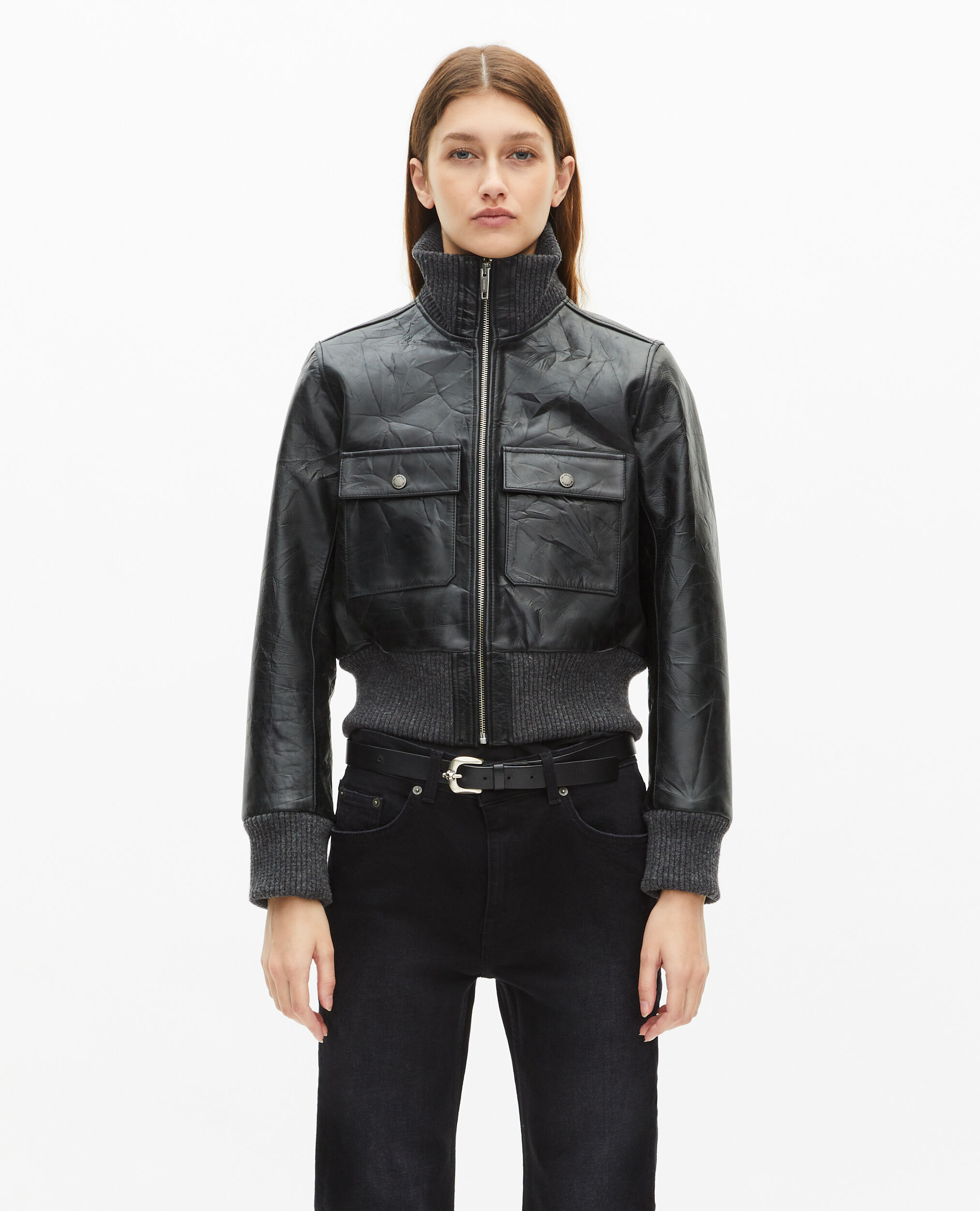 Blouson en cuir noir, BLACK, hi-res image number null