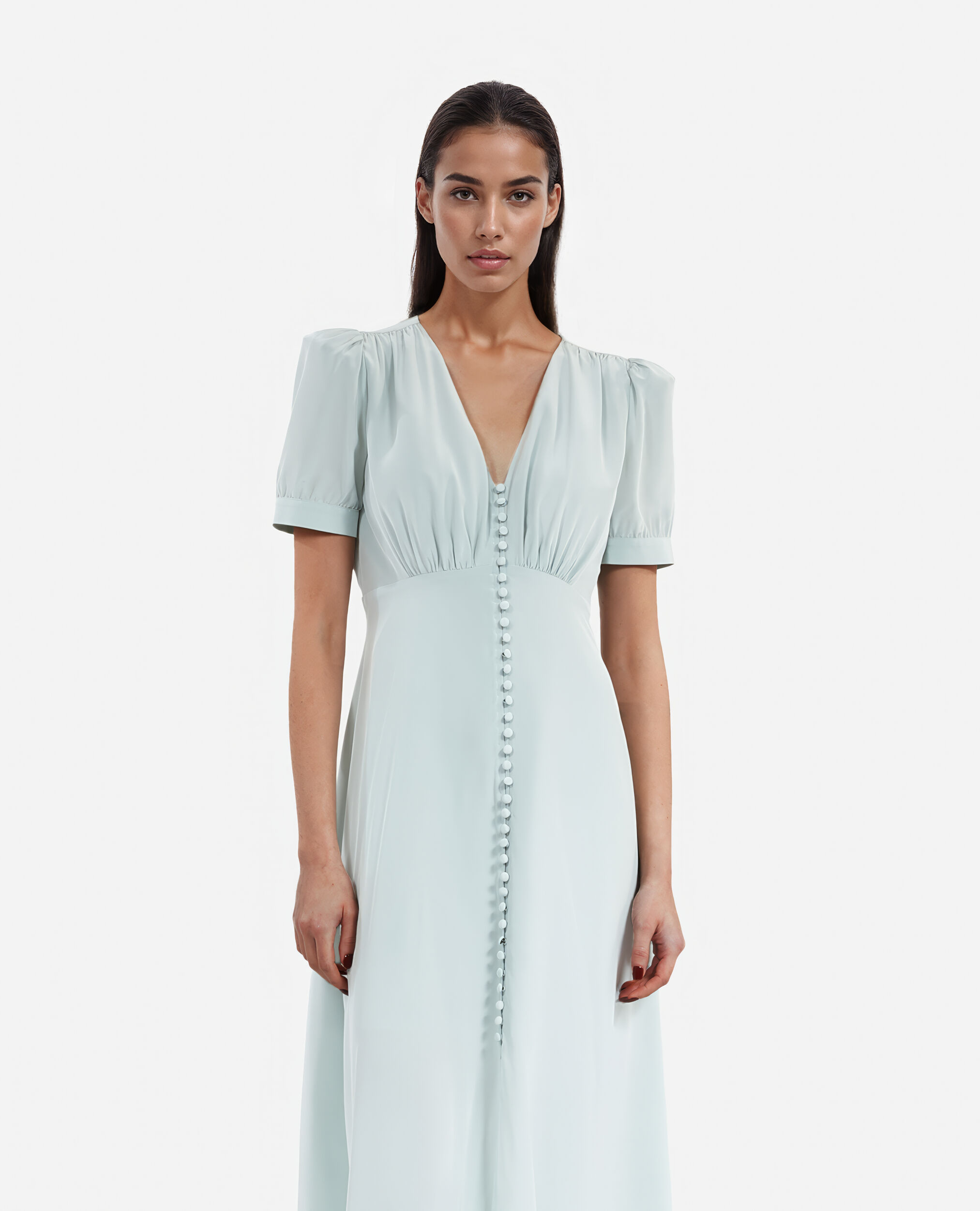 Robe longue avec boutonnage en soie bleue, BLUE/GREEN, hi-res image number null