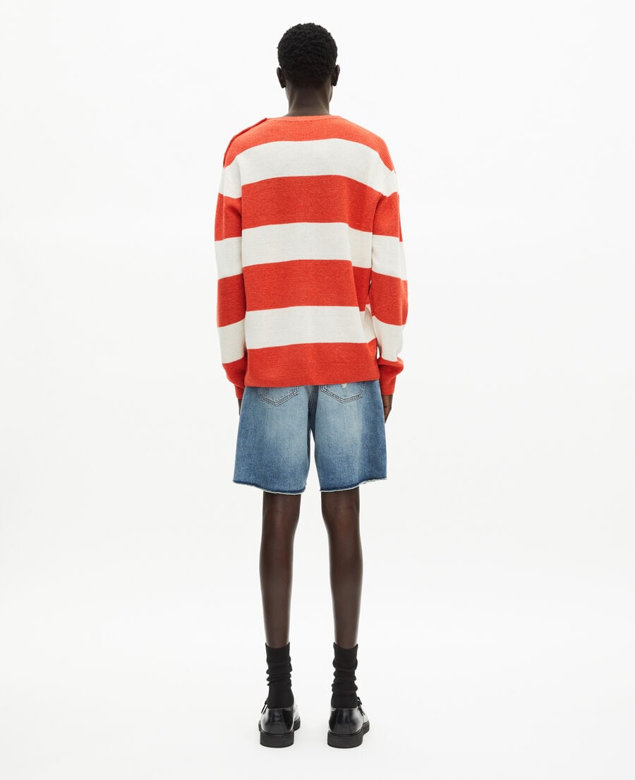 The Kooples HOMME ORANGE ECRU pull en laine et lin à rayures orange