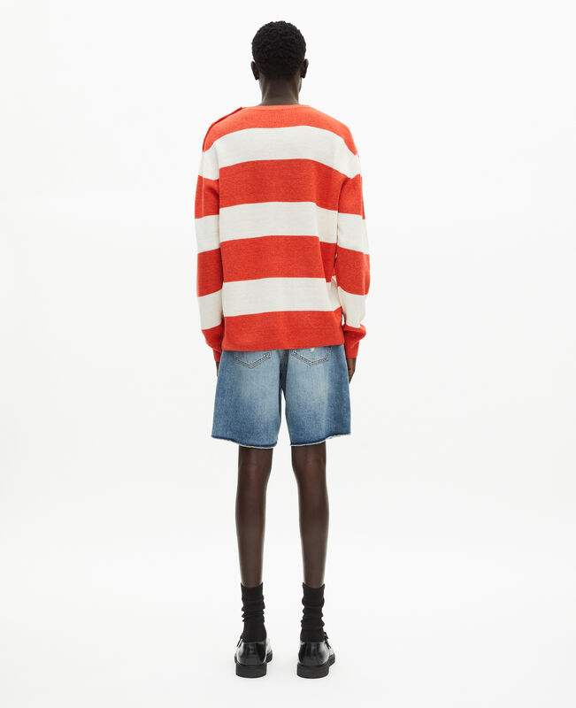 The Kooples HOMME ORANGE ECRU pull en laine et lin à rayures orange