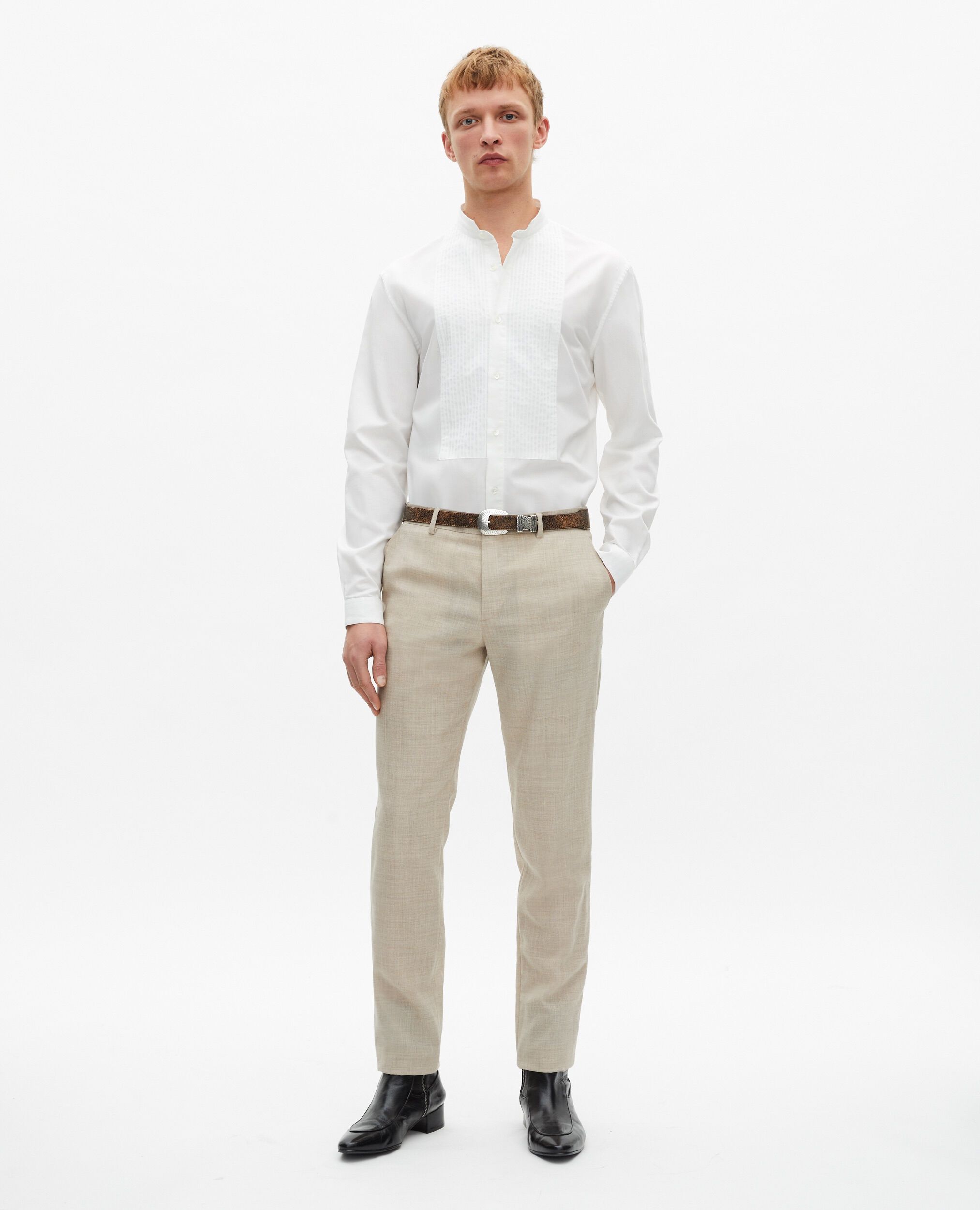 Pantalon de costume en laine coupe ajustée beige, BEIGE, hi-res image number null
