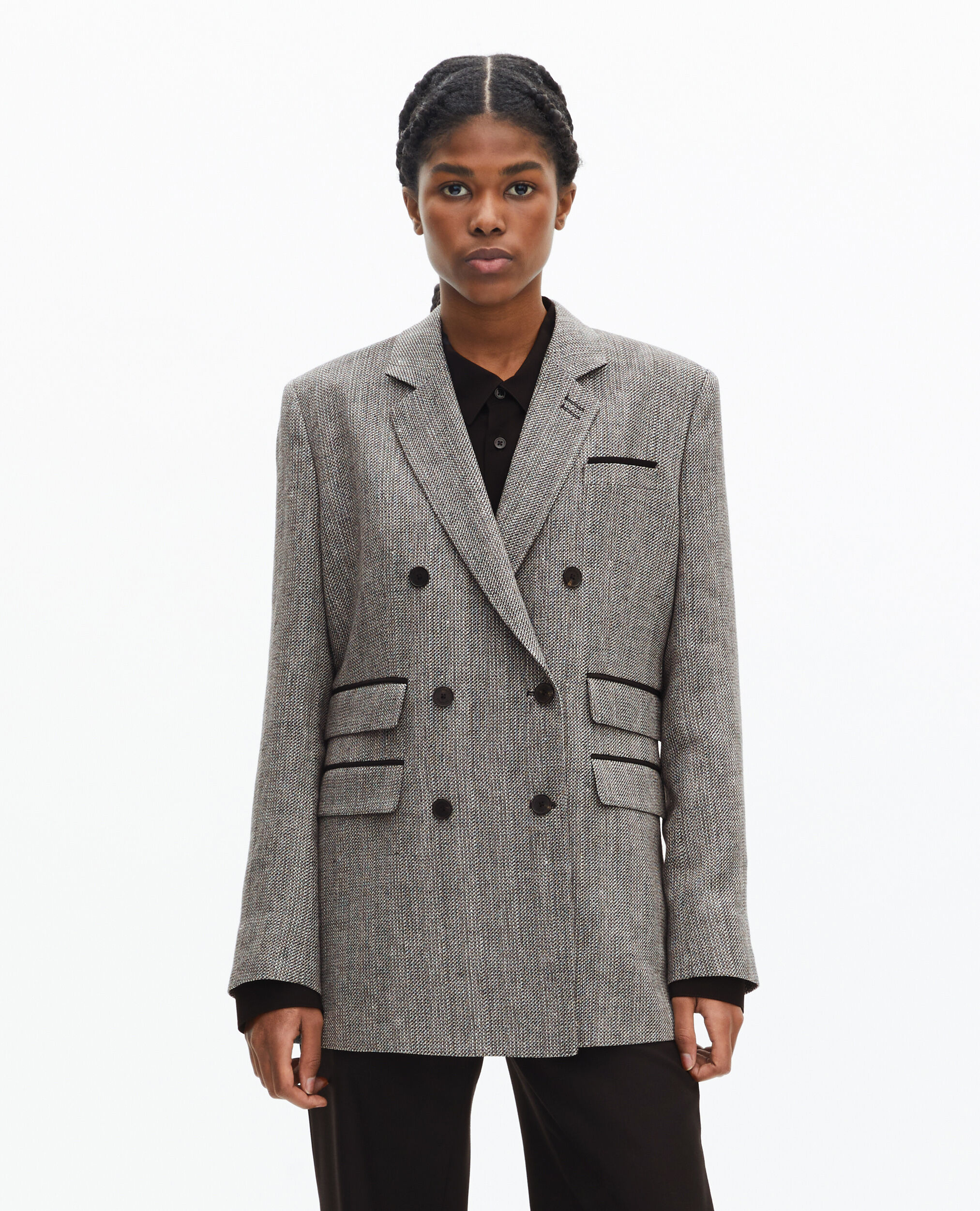 Veste tailleur en laine et lin grise, GREY, hi-res image number null