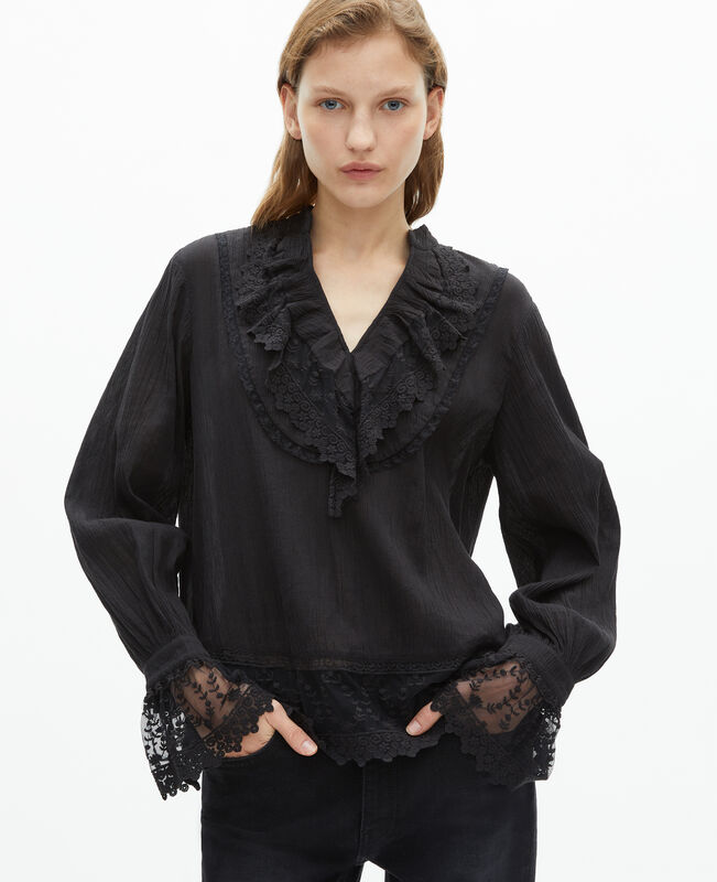 The Kooples FEMME BLACK blouse avec guipure noire