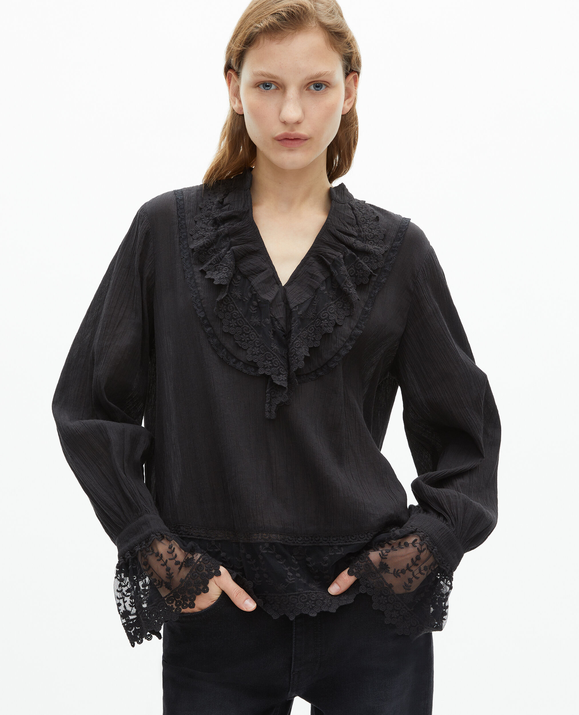 Blouse avec guipure noire, BLACK, hi-res image number null