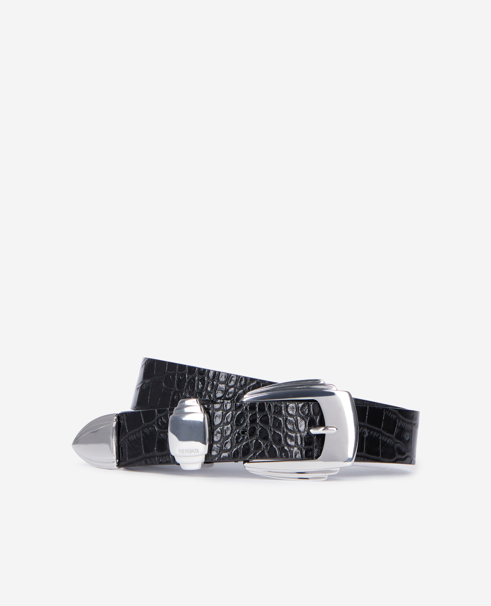 Ceinture en cuir noir effet crocodile, BLACK, hi-res image number null