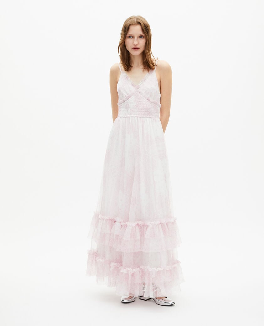 The Kooples DAMEN WHITE - PINK langes kleid aus hellrosa bedrucktem tüll