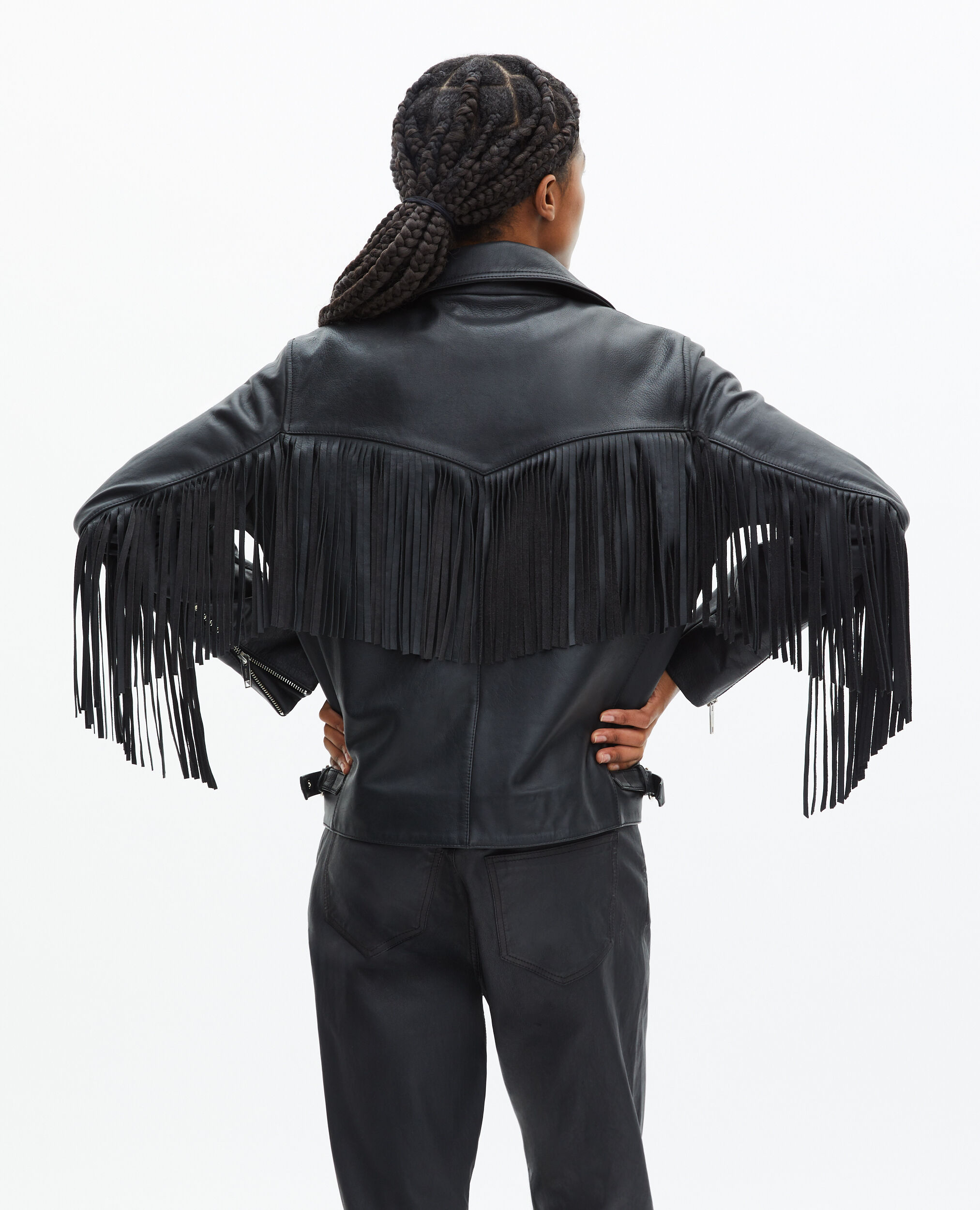 Blouson en cuir à franges noir, BLACK, hi-res image number null