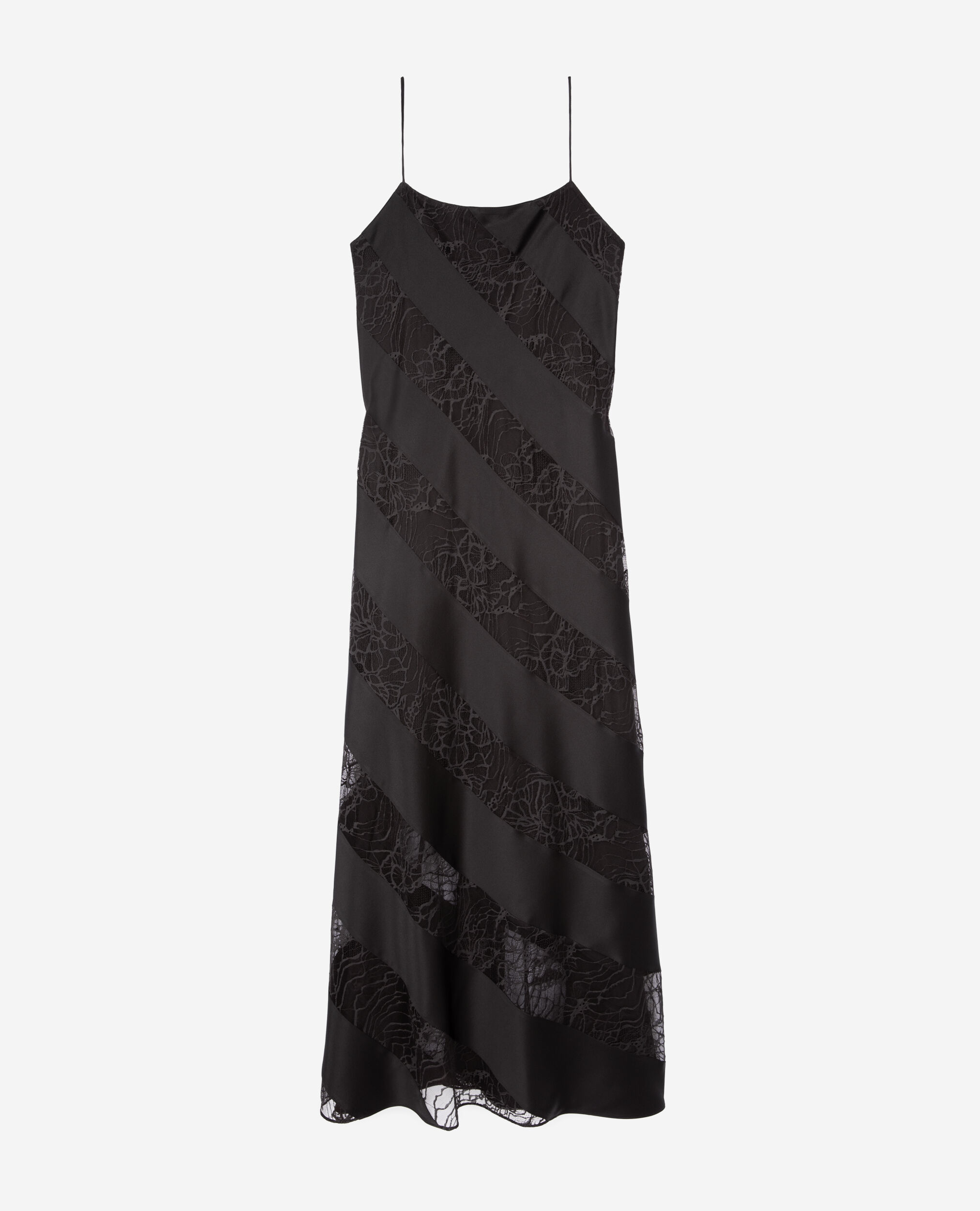 Robe nuisette longue en soie et dentelle noire, BLACK, hi-res image number null