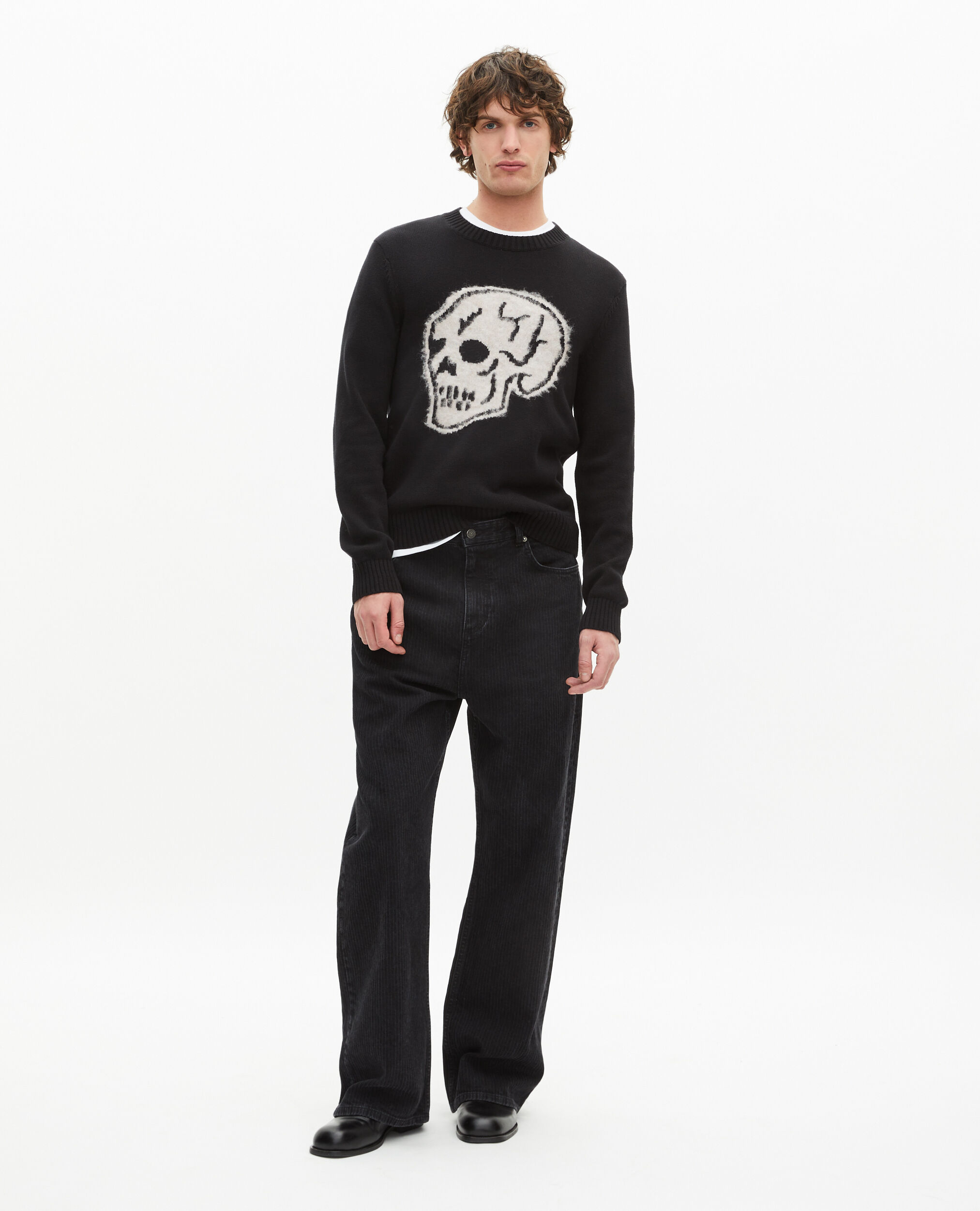 Pull avec sérigraphie tête de mort noir, BLACK-ECRU, hi-res image number null