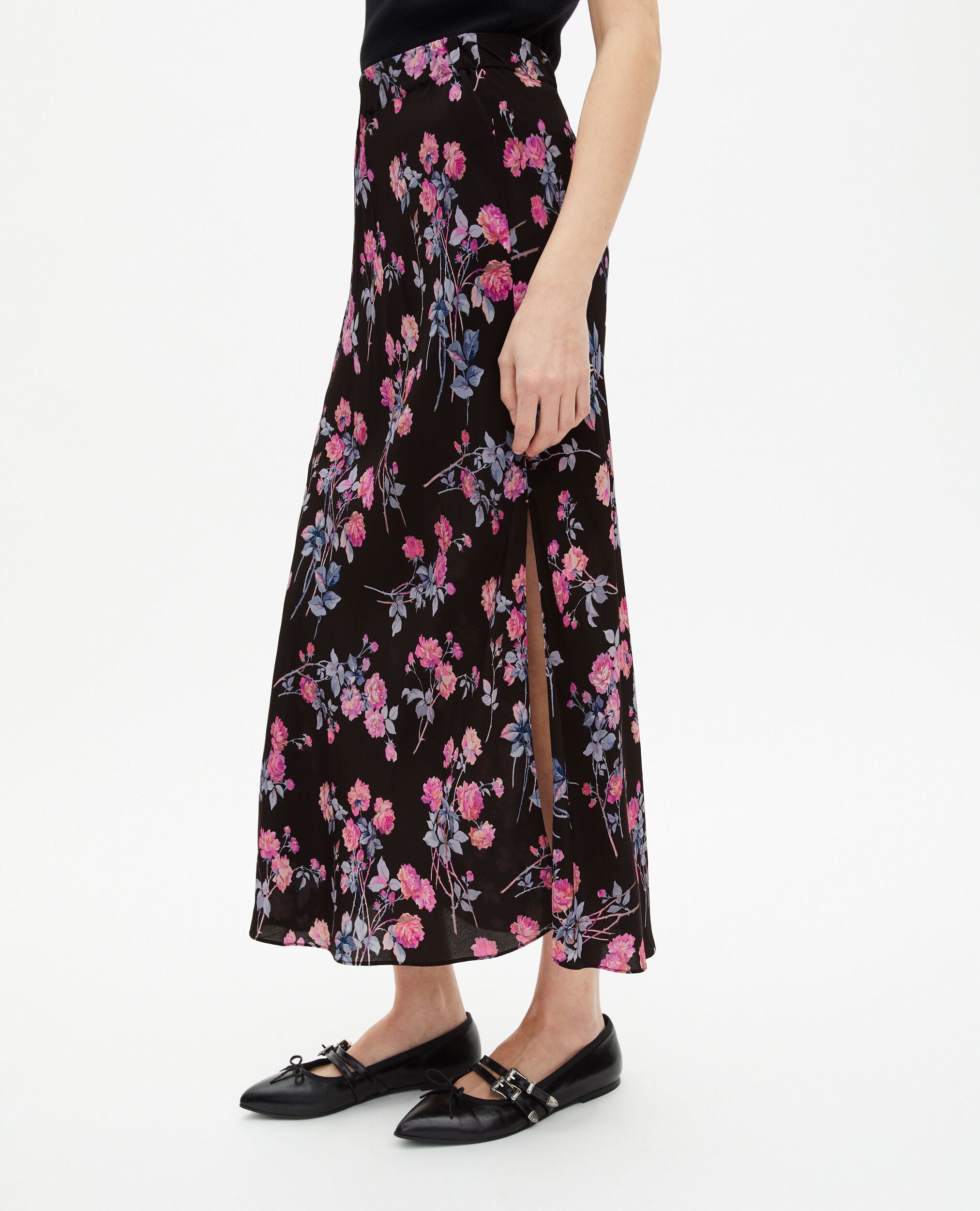 Jupe longue imprimé fleuri noire, BLACK / PINK, hi-res image number null