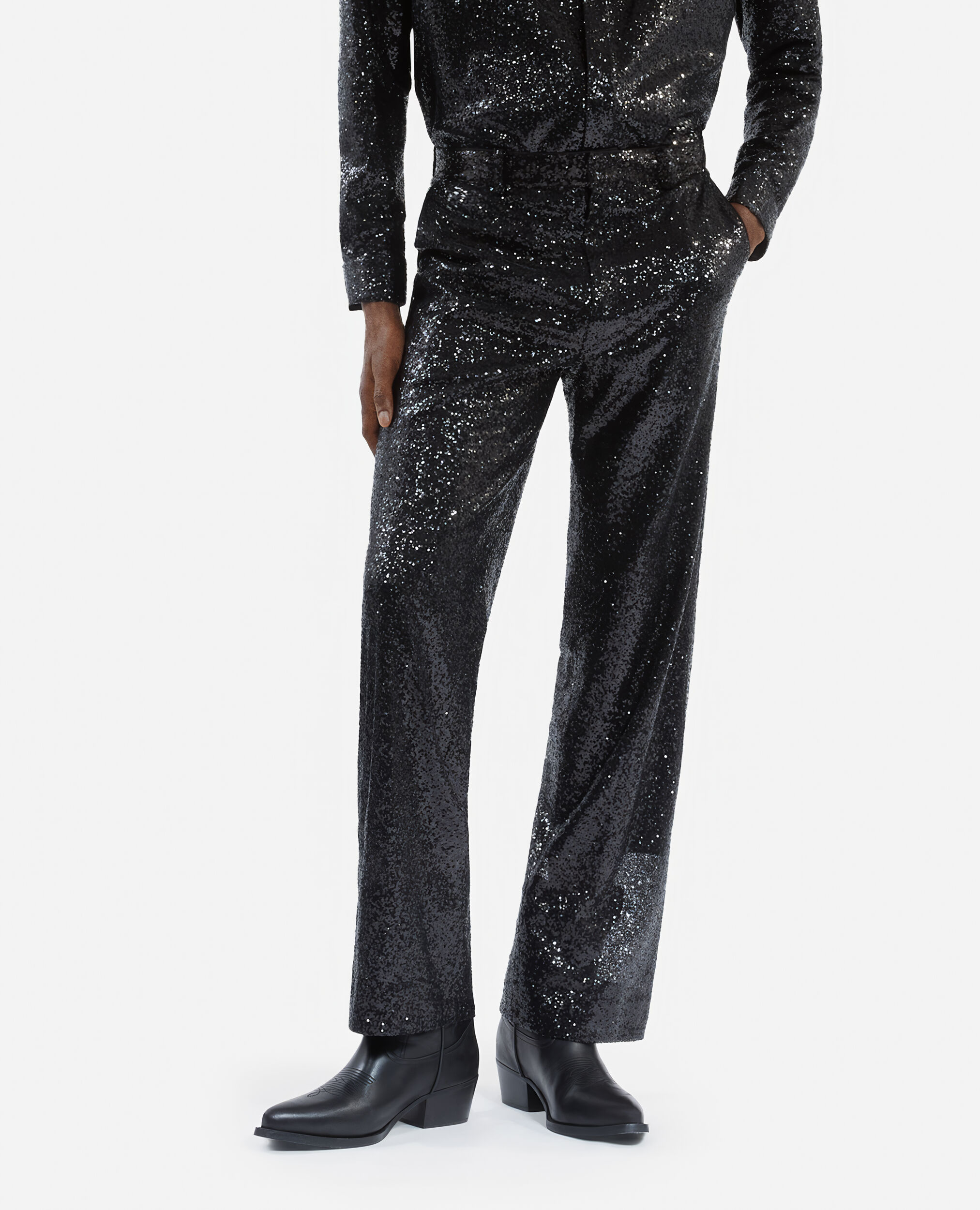 Pantalon droit à sequins noir, BLACK, hi-res image number null