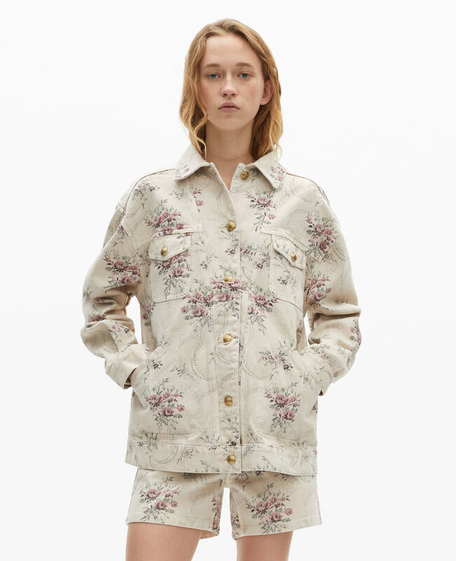 The Kooples FEMME BEIGE TAUPE veste imprimé fleuri en denim beige