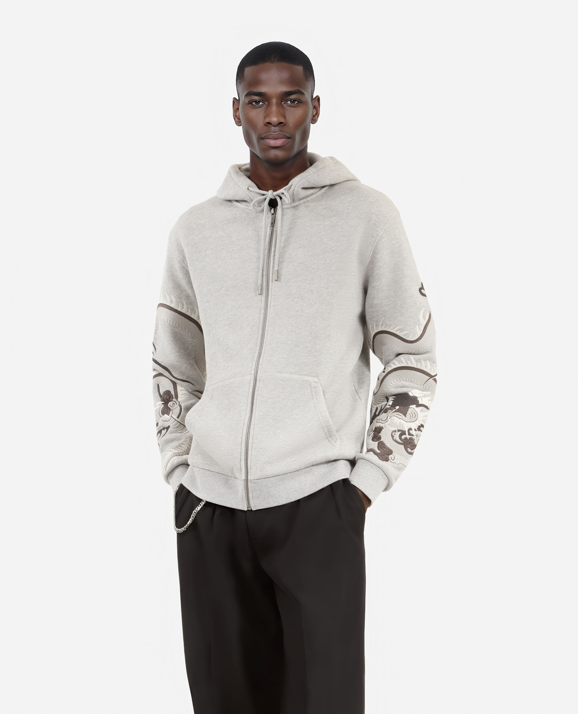 Sweatshirt à capuche avec manches brodées gris, GREY MELANGE, hi-res image number null