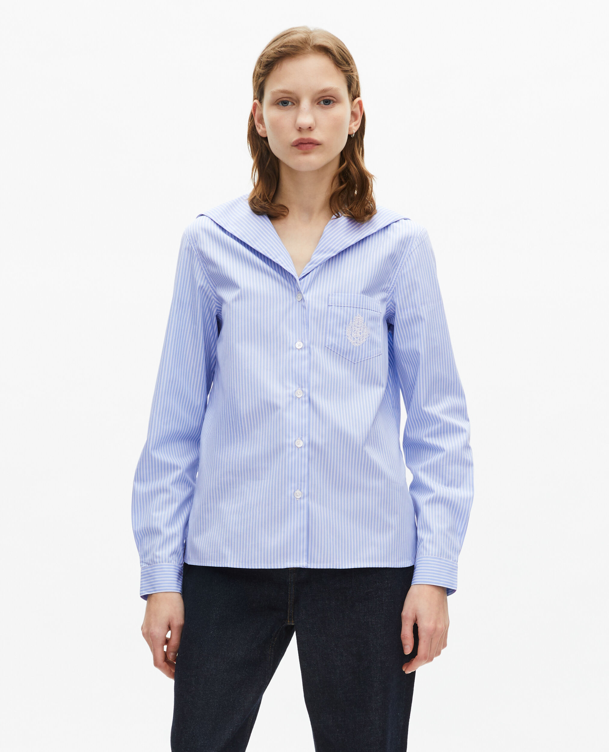 Chemise à rayures avec col vareuse bleue, BLUE WHITE, hi-res image number null