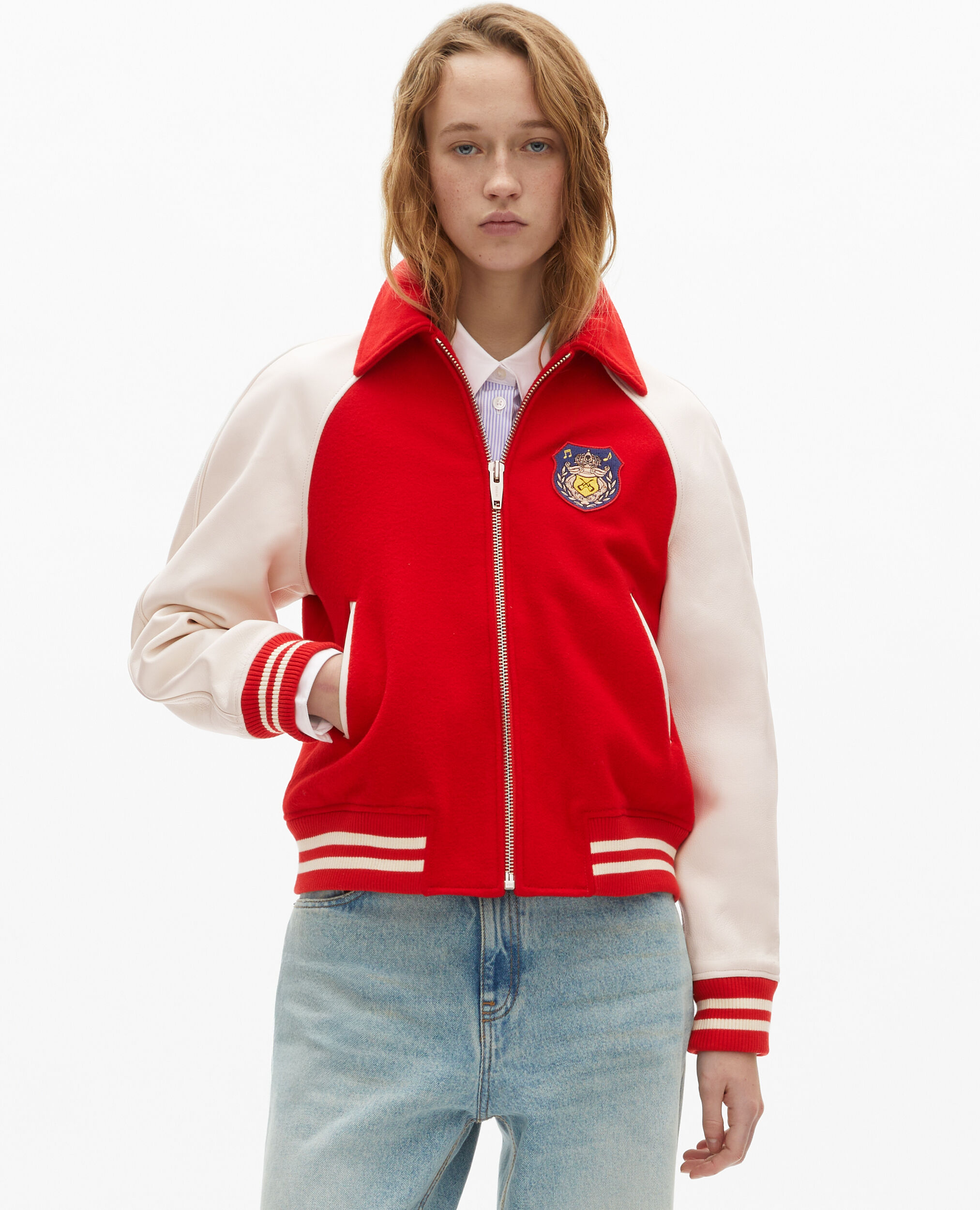 Blouson en laine et cuir rouge, RED / WHITE, hi-res image number null