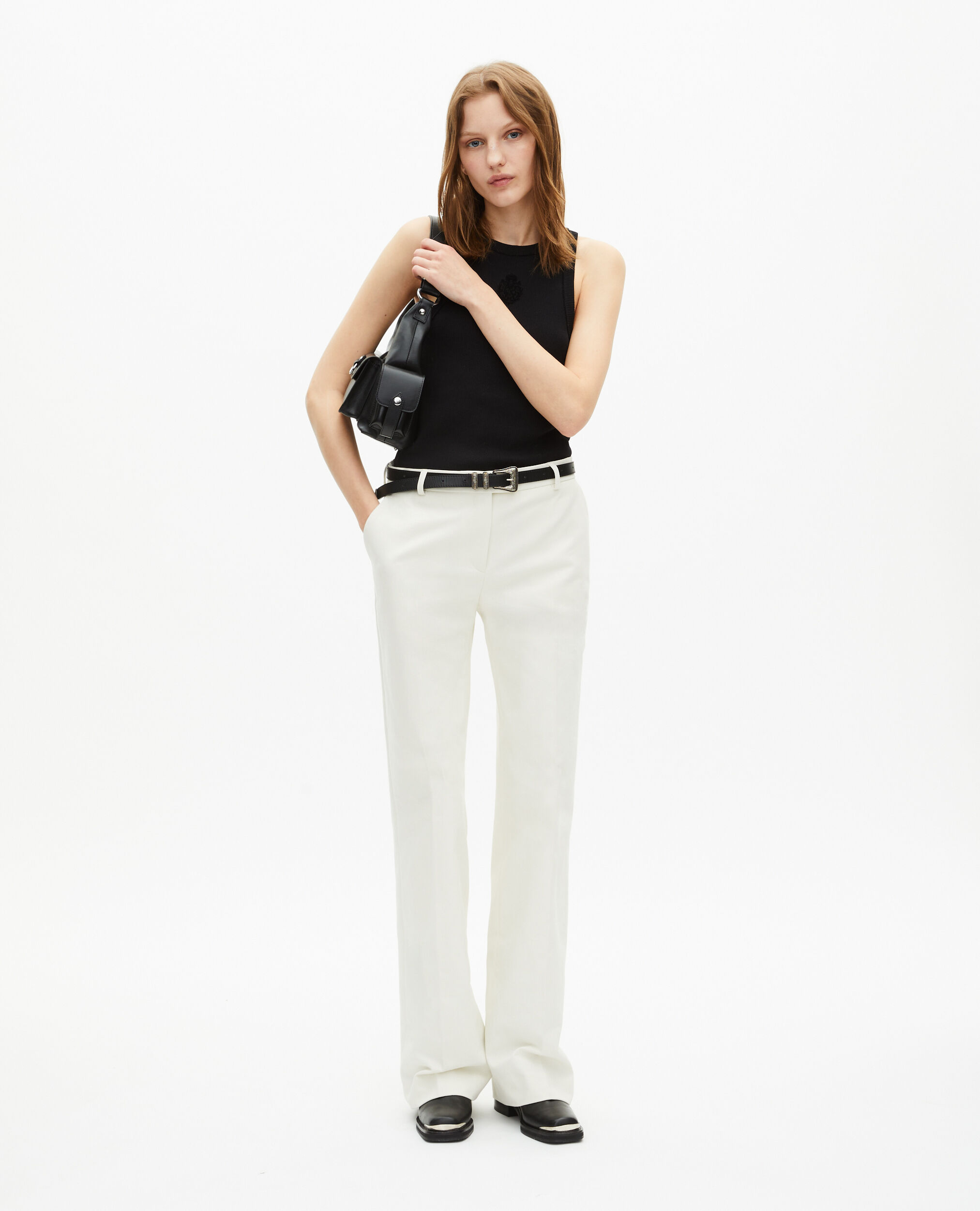 Pantalon costume large en coton ecru, WHITE, hi-res image number null
