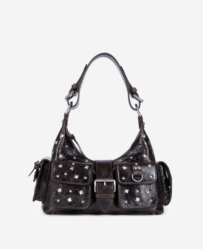 The Kooples FEMME BROWN sac amelia clouté en cuir craquelé marron