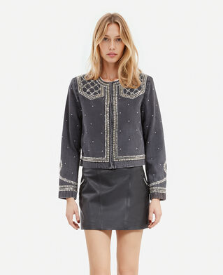 The Kooples FEMME BLACK WASHED veste en denim avec studs et perles grise
