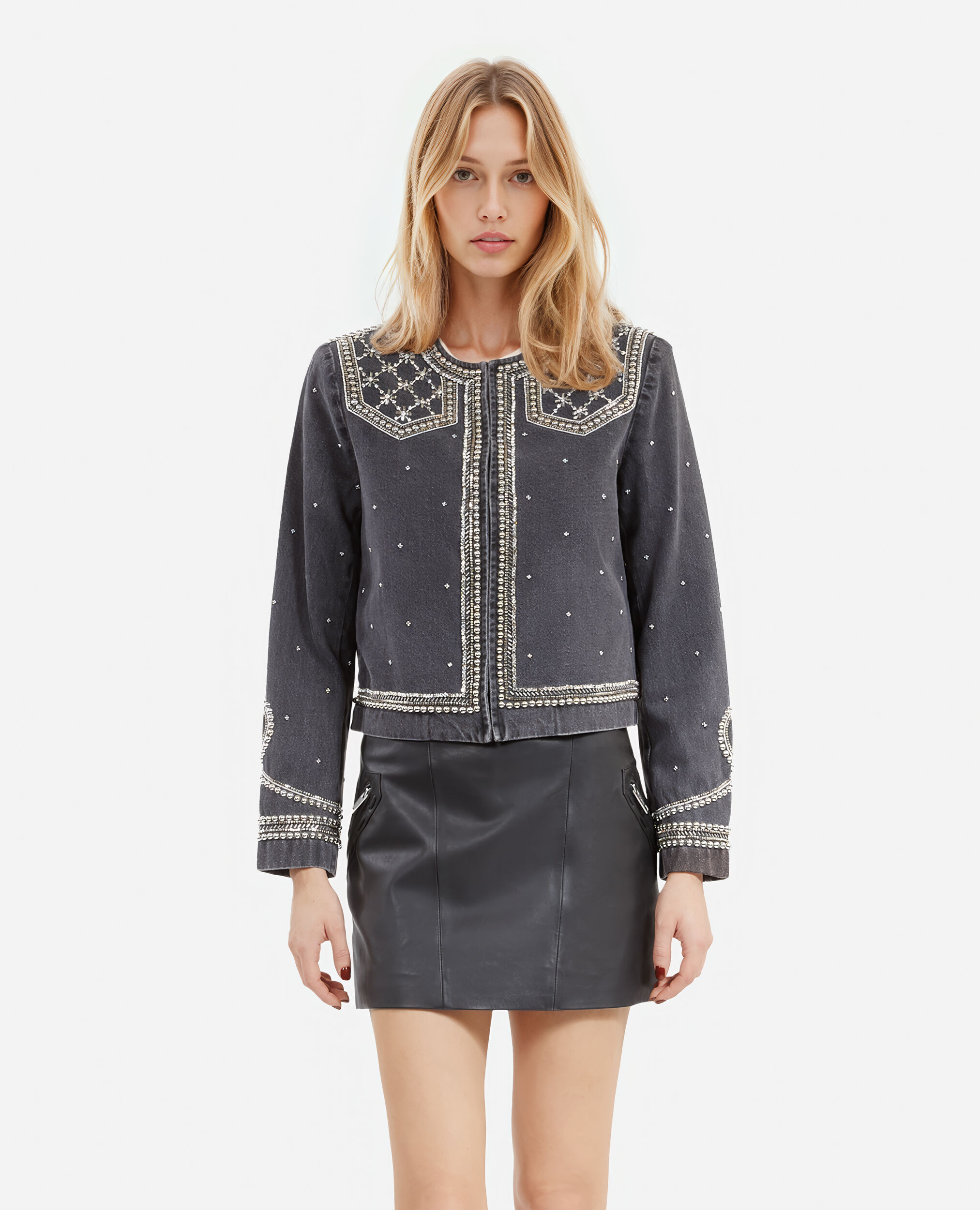 Veste en denim avec studs et perles grise, BLACK WASHED, hi-res image number null