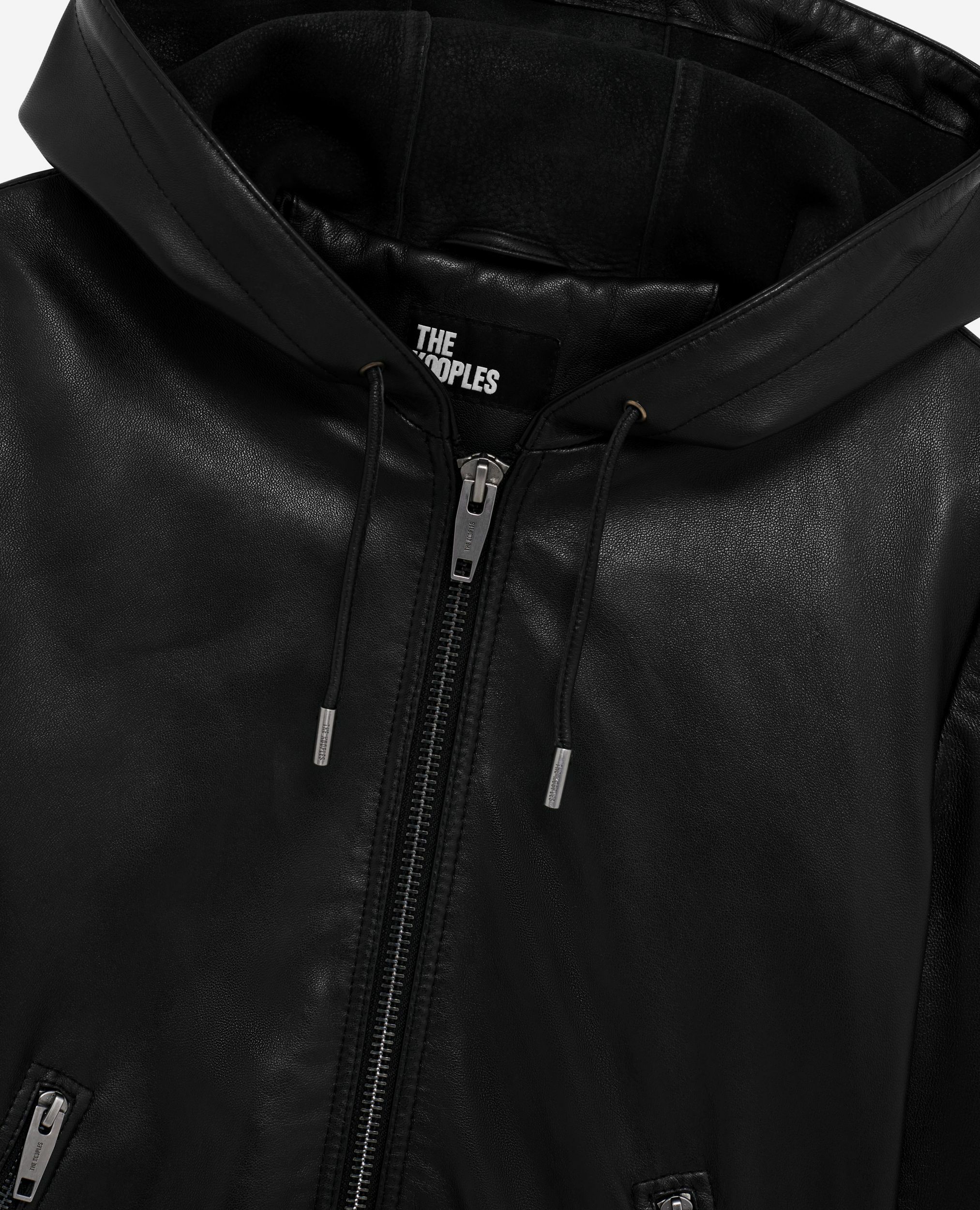 Blouson à capuche en cuir noir, BLACK, hi-res image number null