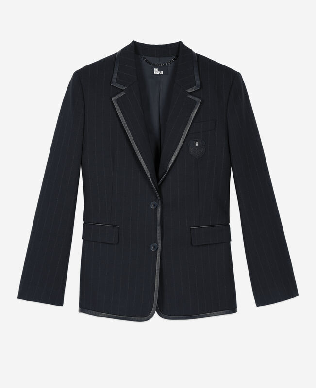The Kooples FEMME BLACK veste à rayures tennis en laine mélangée noire