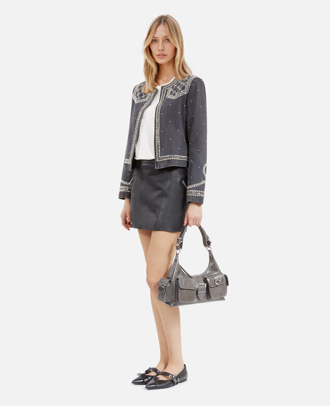 The Kooples FEMME BLACK WASHED veste en denim avec studs et perles grise