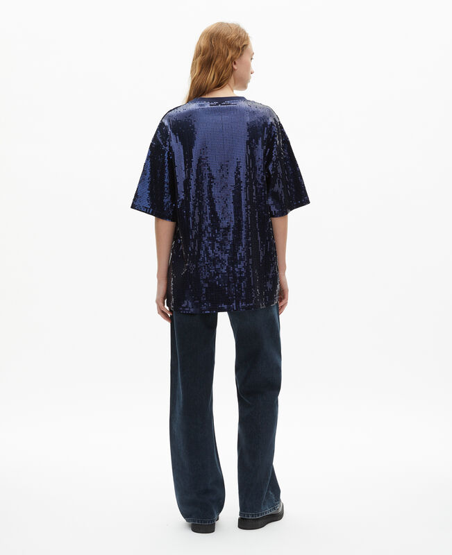 The Kooples FEMME DARK NAVY t-shirt à sequins et sérigraphie bleu