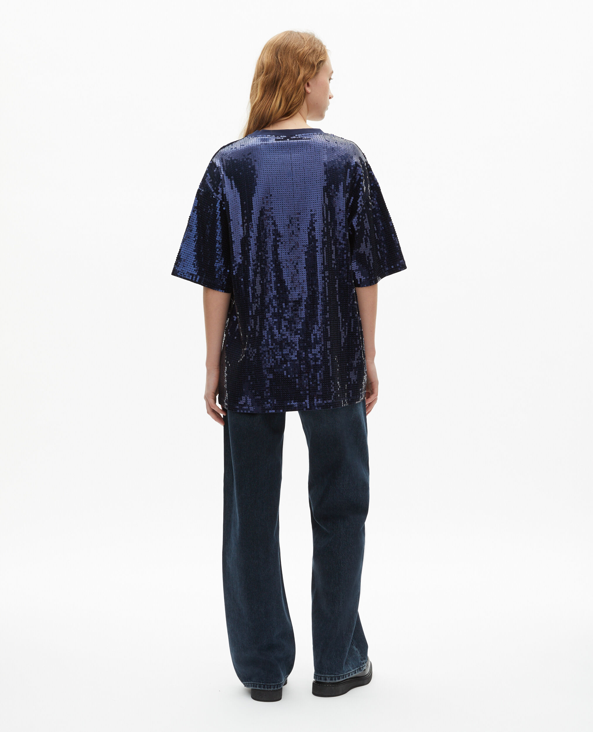 T-Shirt à sequins et sérigraphie bleu, DARK NAVY, hi-res image number null