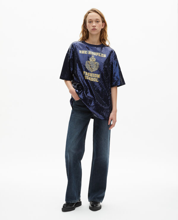 The Kooples FEMME DARK NAVY t-shirt à sequins et sérigraphie bleu