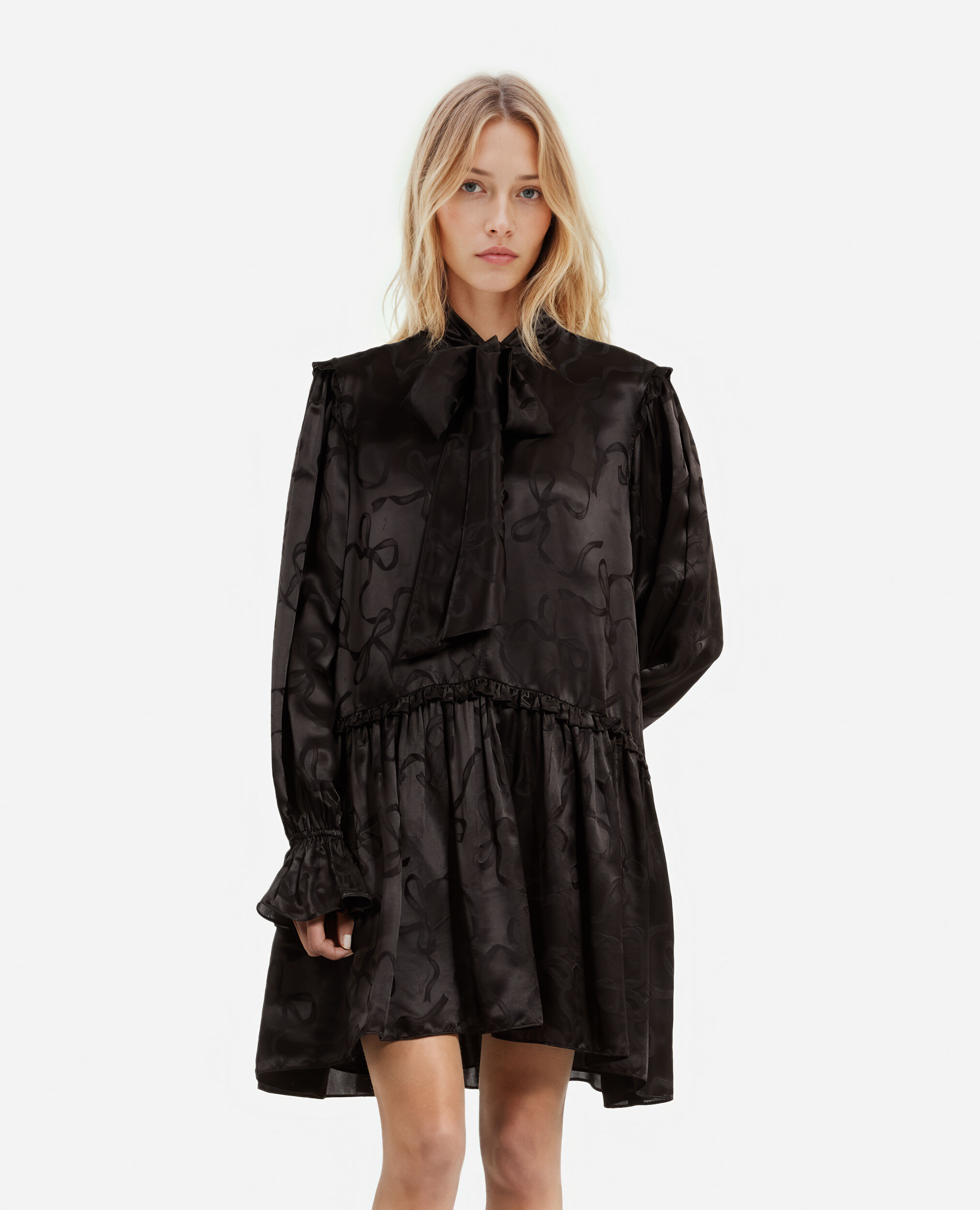 Robe courte jacquard imprimé rubans, BLACK, hi-res image number null