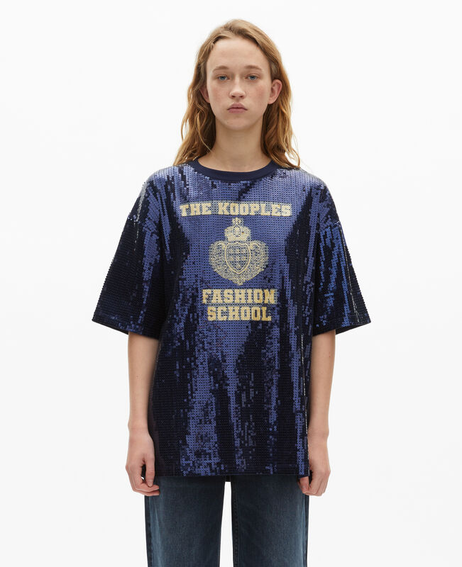 The Kooples FEMME DARK NAVY t-shirt à sequins et sérigraphie bleu