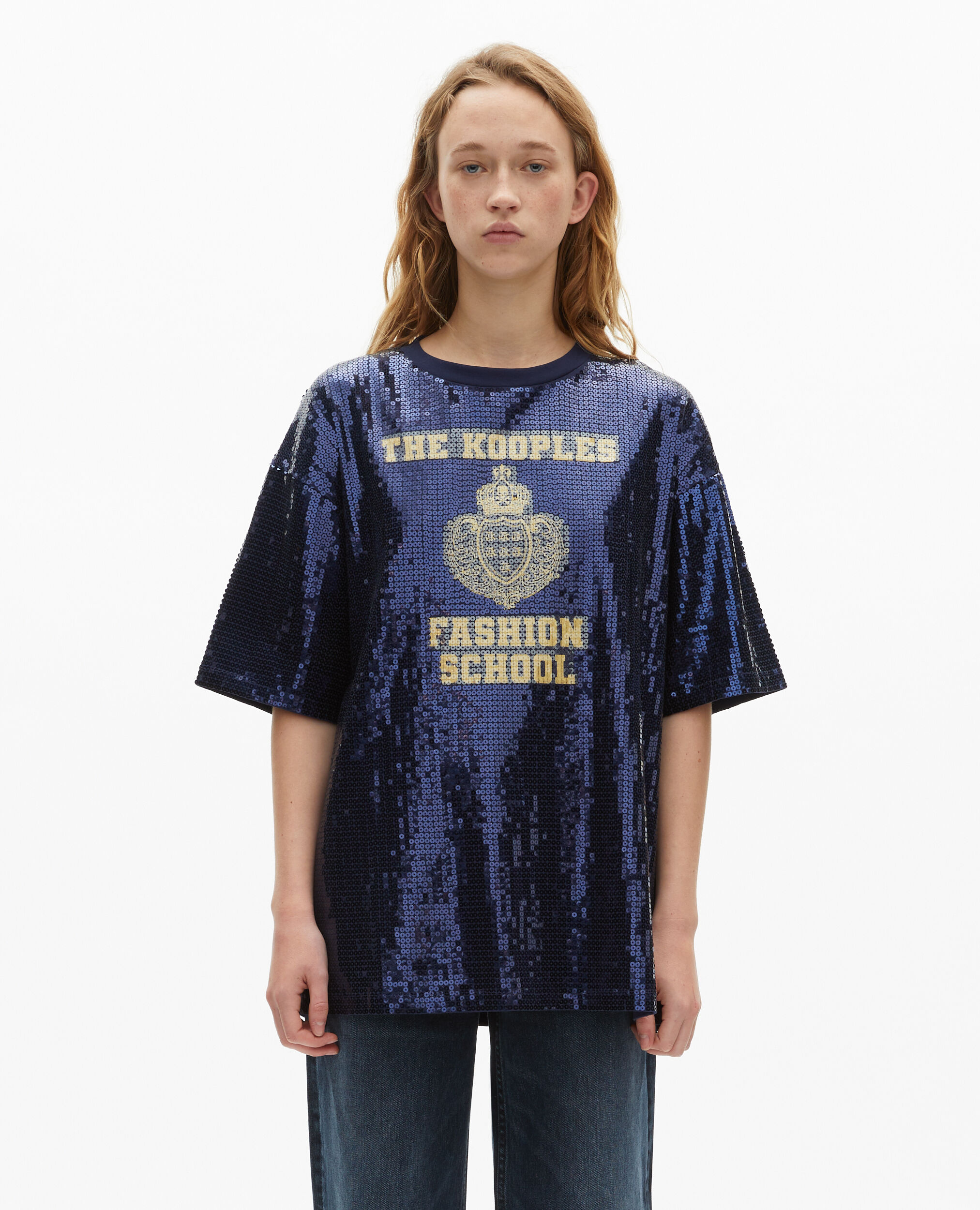 T-Shirt à sequins et sérigraphie bleu, DARK NAVY, hi-res image number null