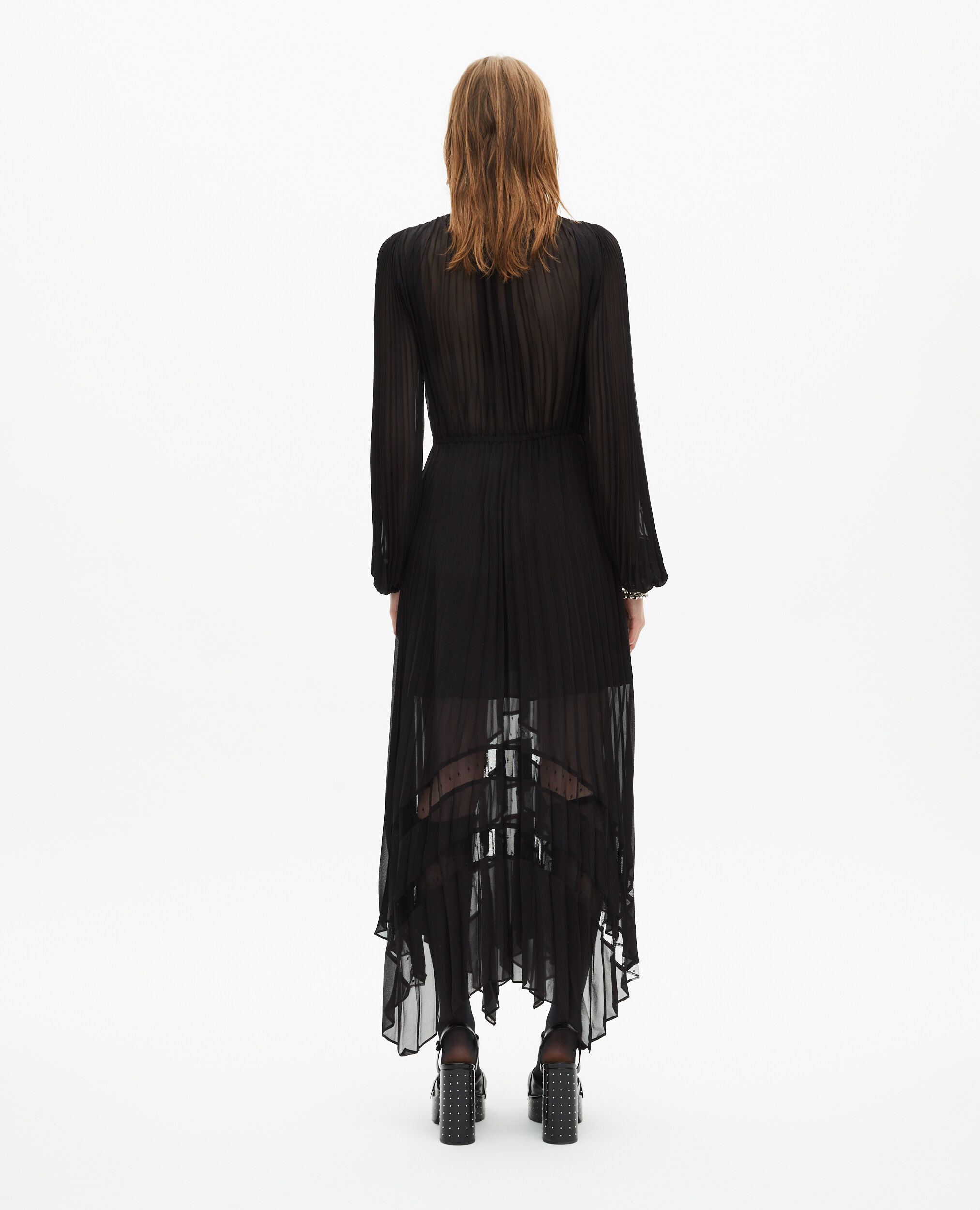Robe longue plissée avec dentelle noire, BLACK, hi-res image number null