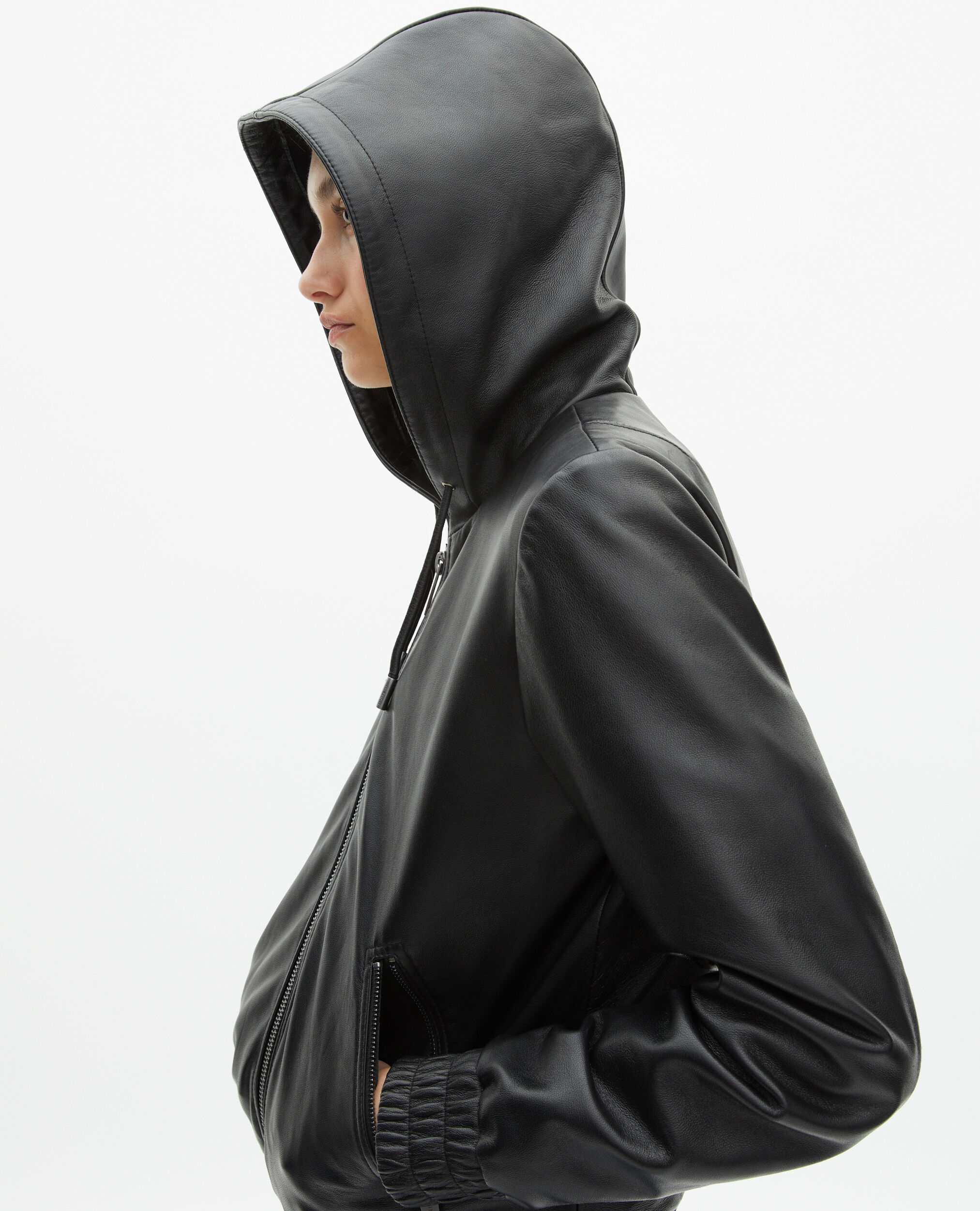 Blouson à capuche en cuir noir, BLACK, hi-res image number null