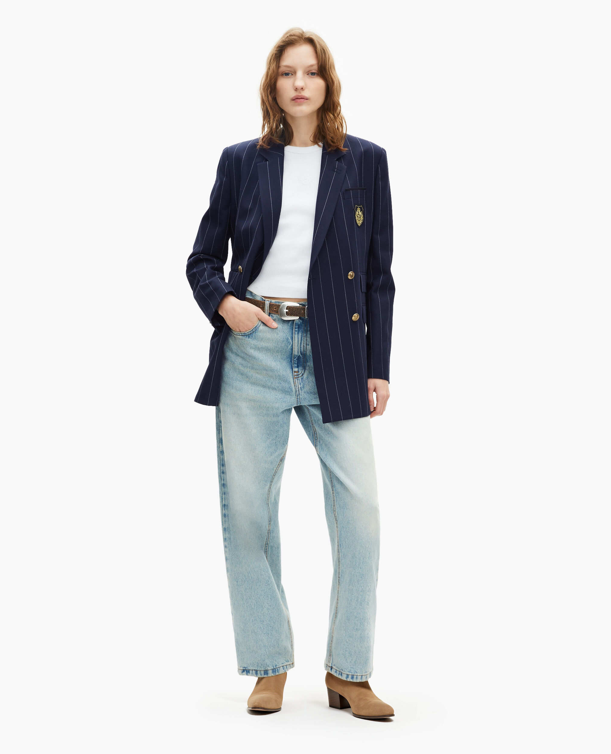 Veste tailleur à rayures tennis en laine mélangée bleu marine, NAVY, hi-res image number null