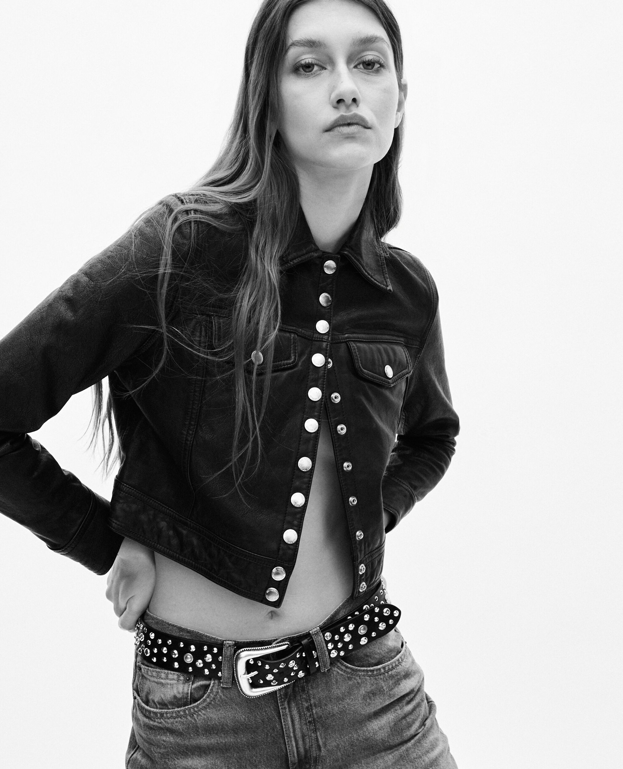 Blouson en cuir noir, BLACK, hi-res image number null