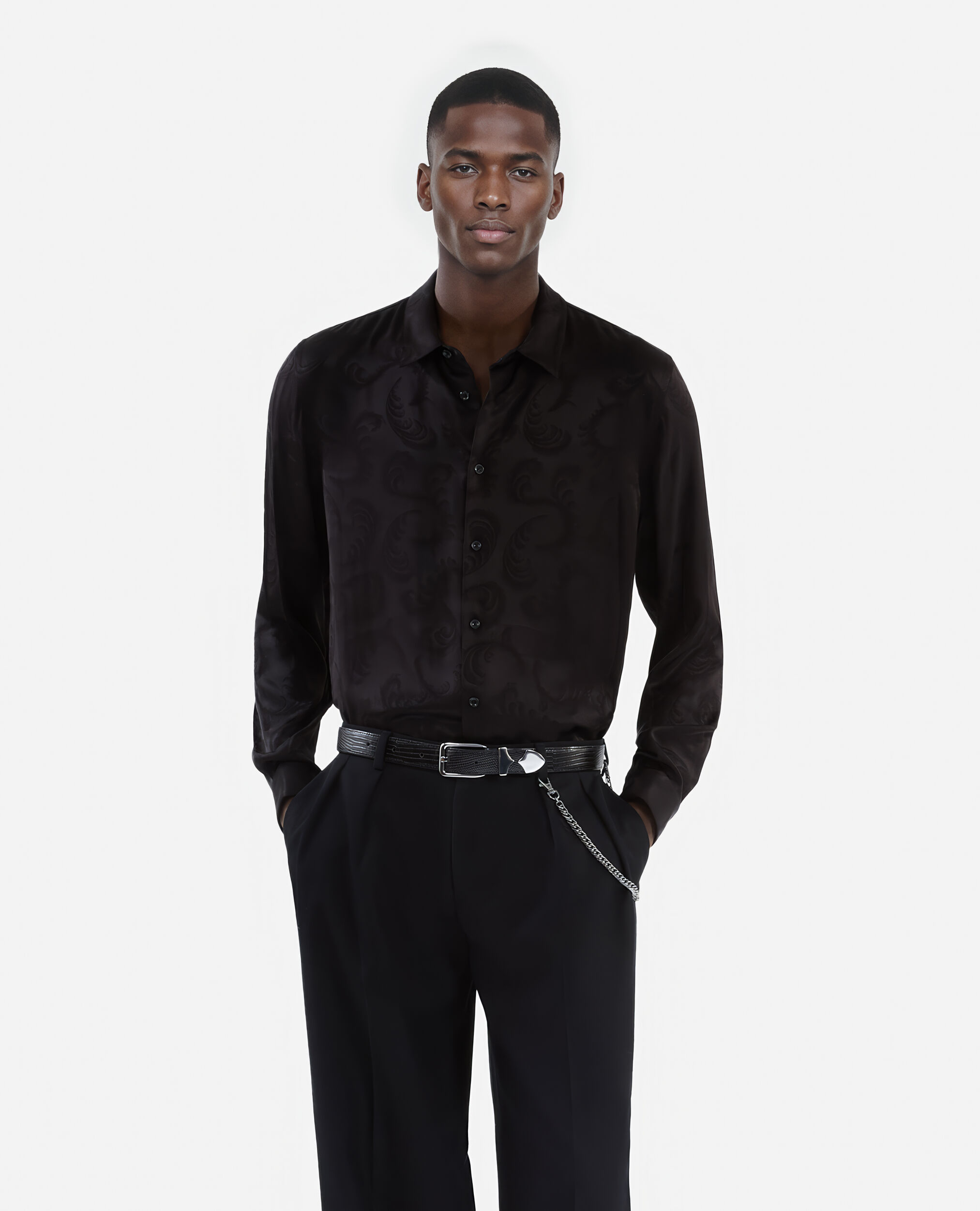 Chemise en jacquard imprimé plumes noire, BLACK, hi-res image number null