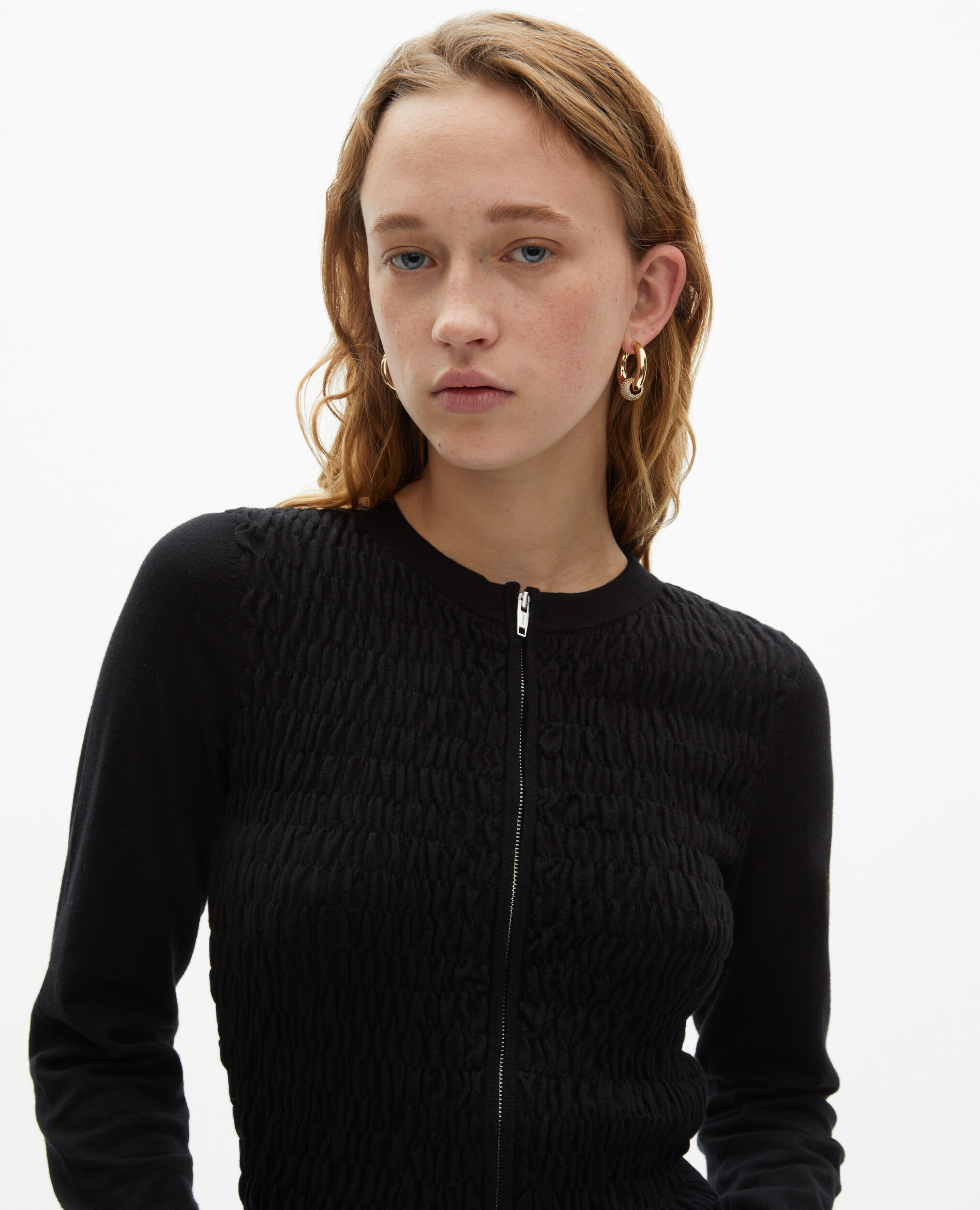 Cardigan en coton zippé noir, BLACK, hi-res image number null