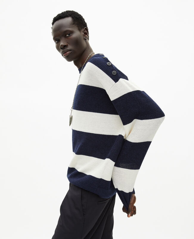 The Kooples HOMME ECRU NAVY pull en laine et lin à rayures marine