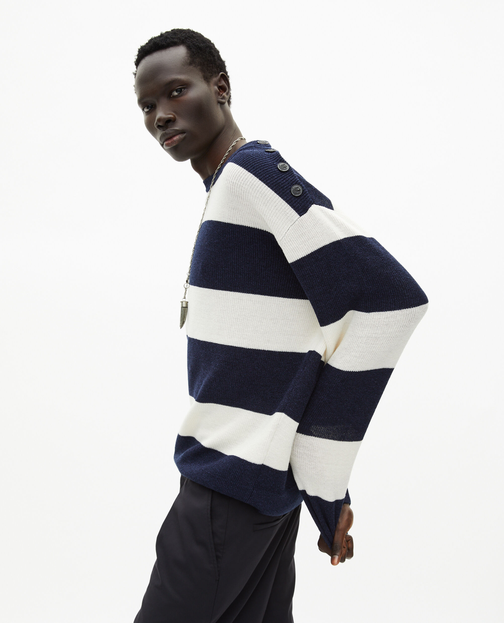 Pull en laine et lin à rayures marine, ECRU NAVY, hi-res image number null
