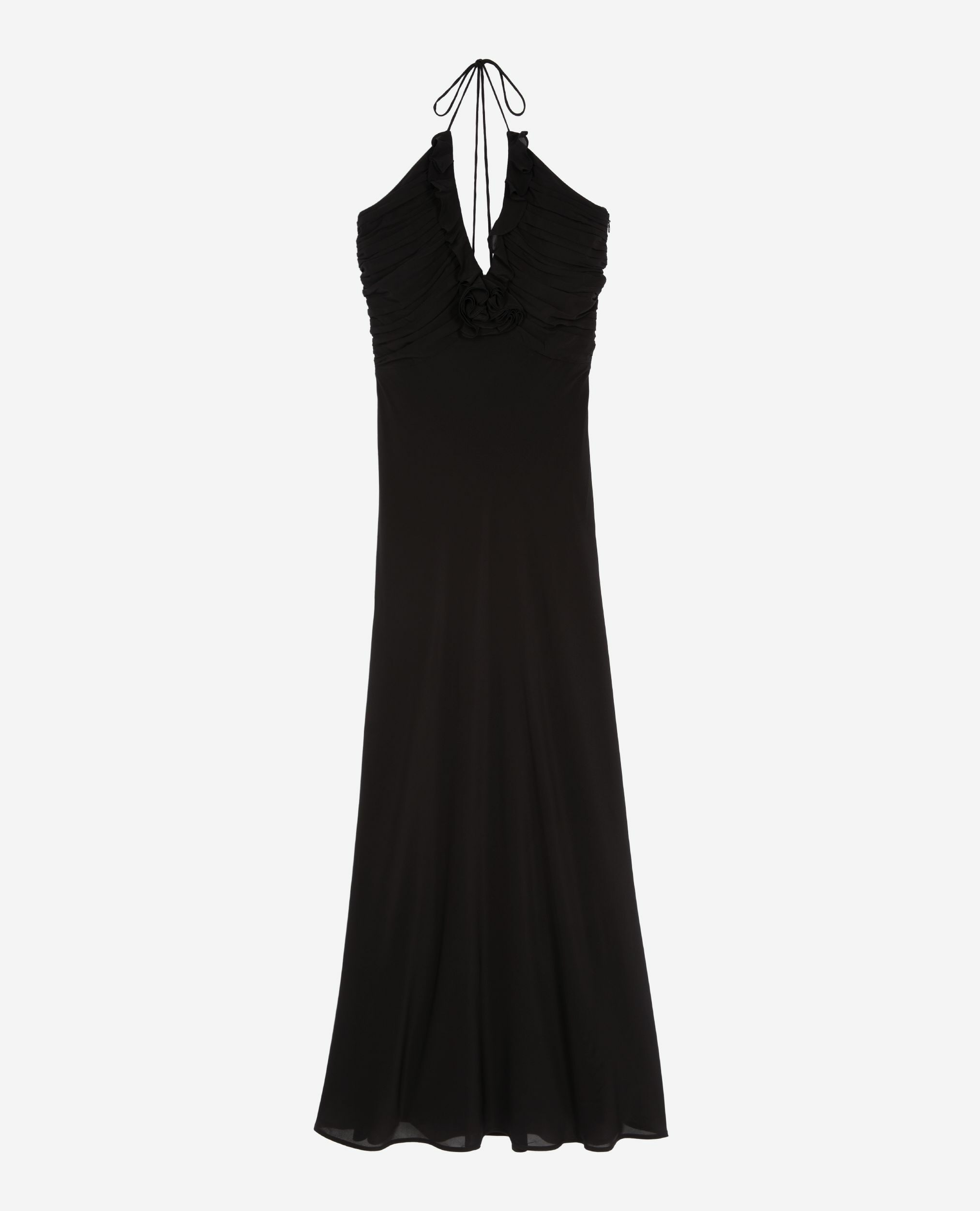 Robe longue décolleté détail fleur noire, BLACK, hi-res image number null