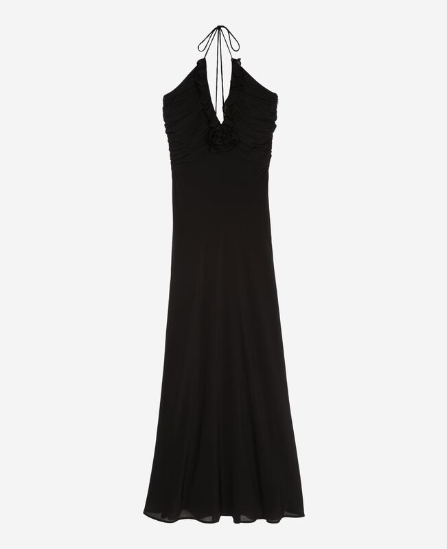 The Kooples FEMME BLACK robe longue décolleté détail fleur noire