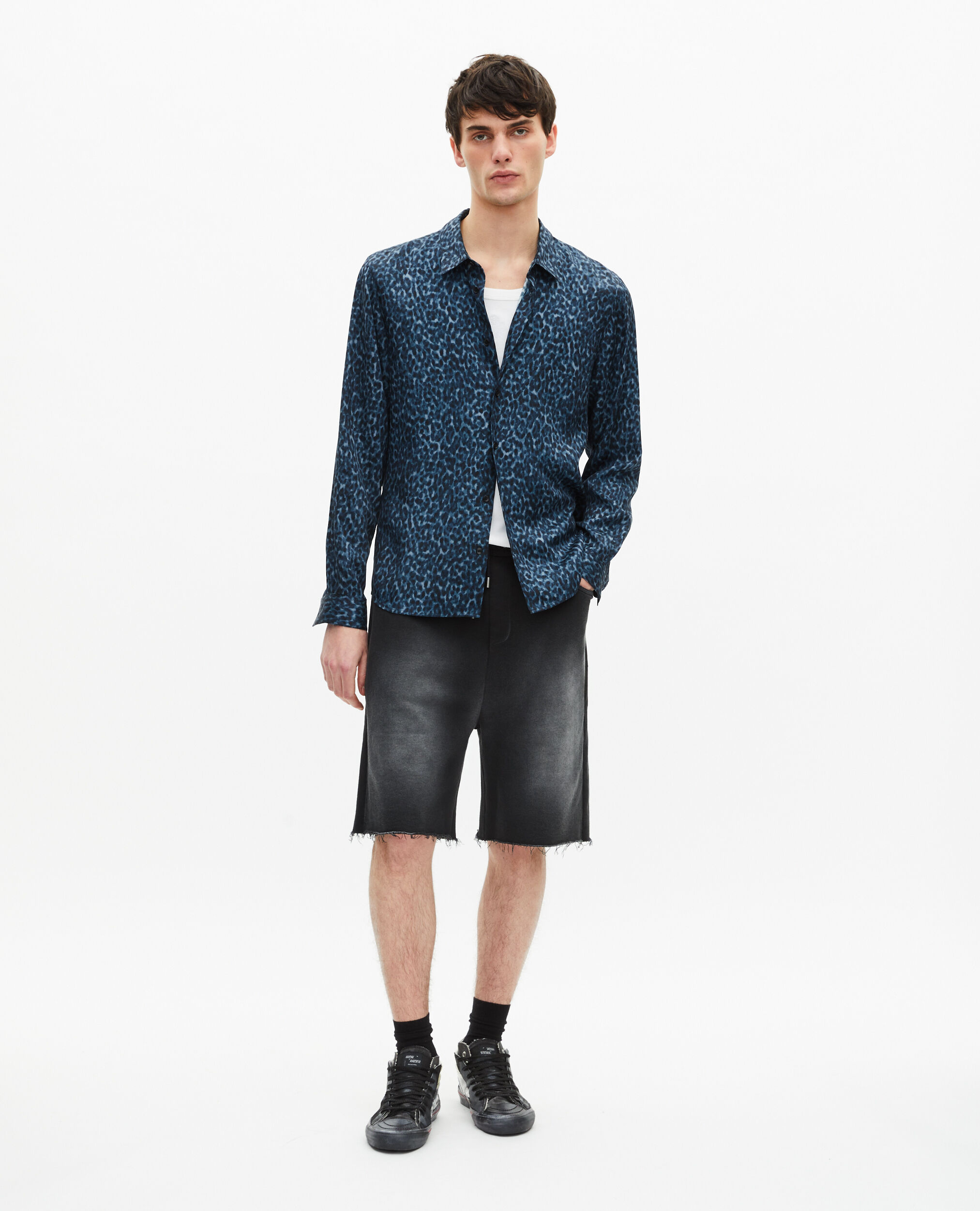 Chemise en soie mélangée imprimé léopard , BLUE, hi-res image number null